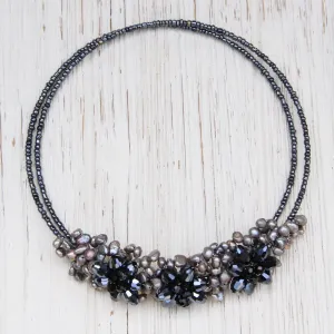 3 Flower Pearl & Crystal Choker ~ Grey Hematite