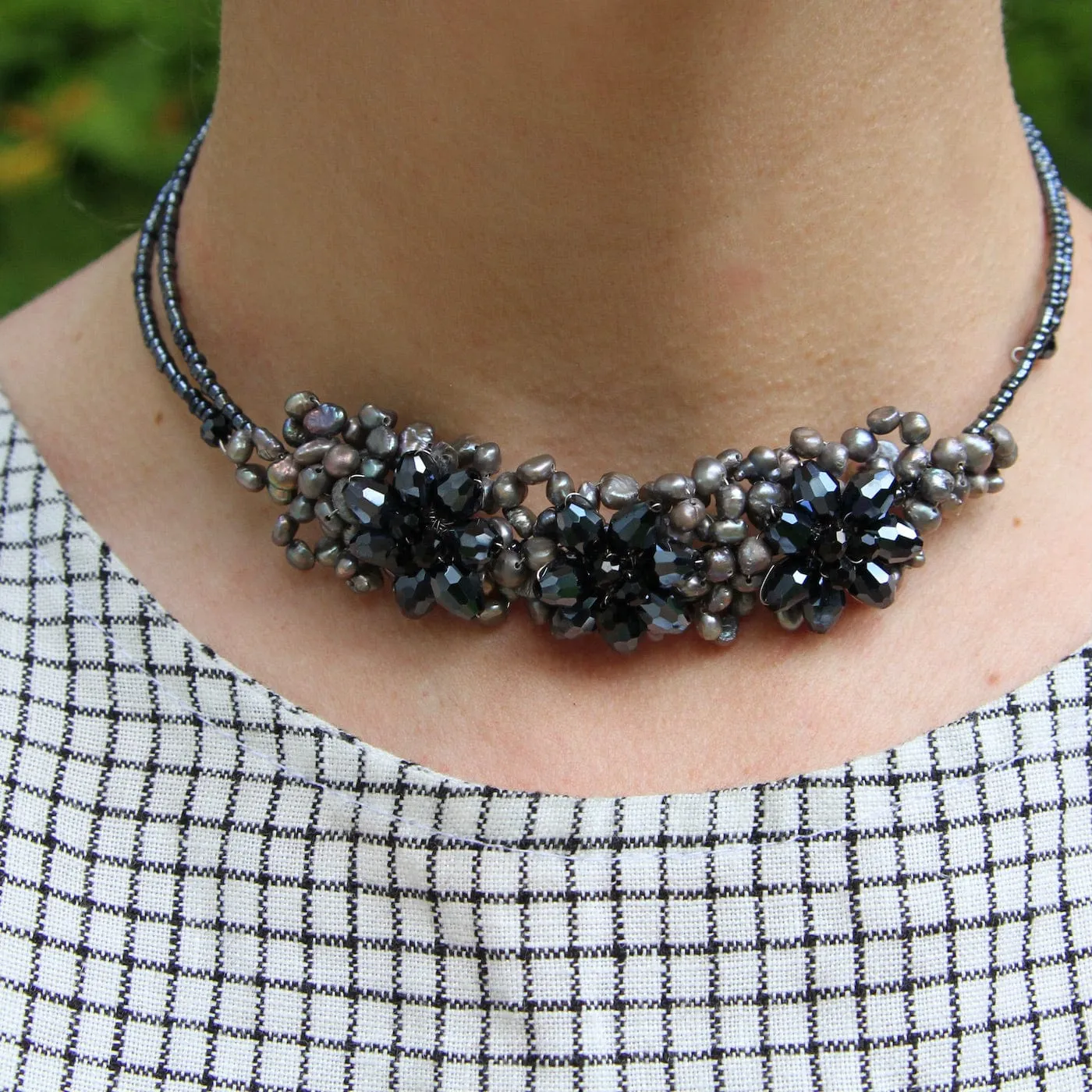 3 Flower Pearl & Crystal Choker ~ Grey Hematite