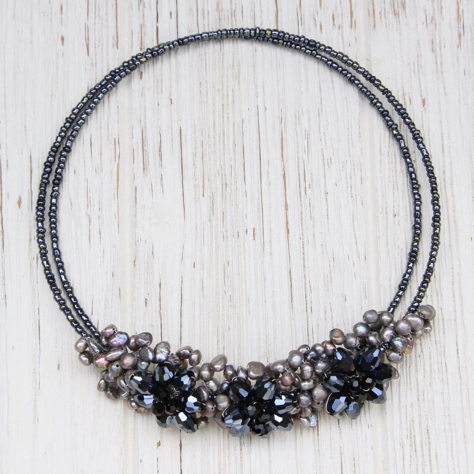 3 Flower Pearl & Crystal Choker ~ Grey Hematite