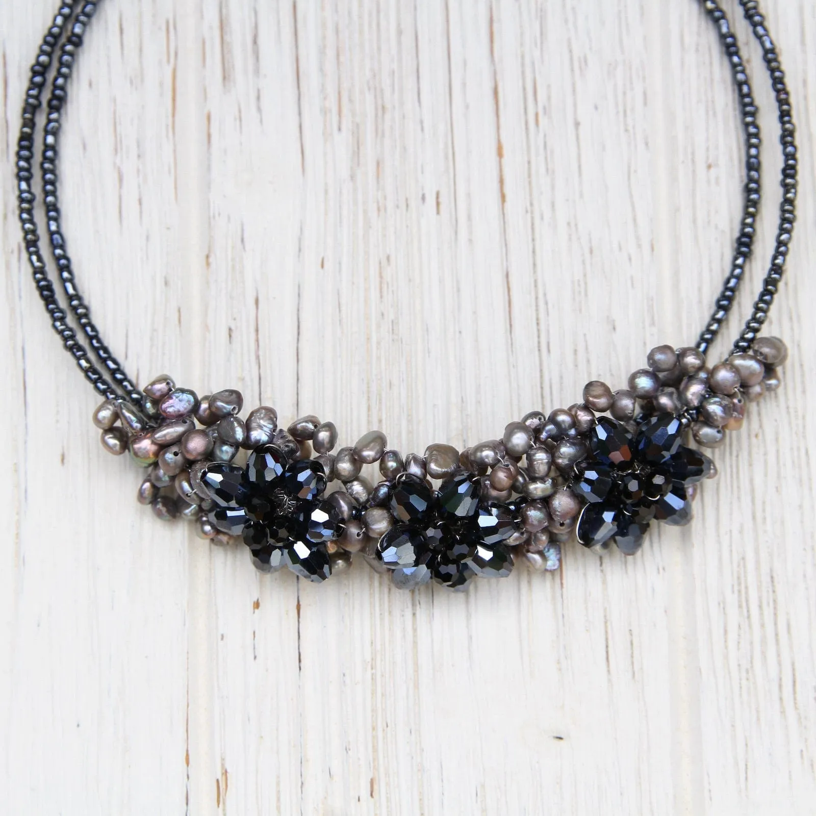 3 Flower Pearl & Crystal Choker ~ Grey Hematite