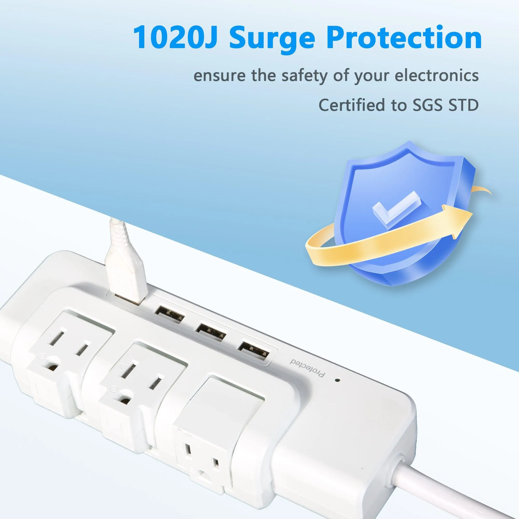 3 Outlet 4 USB Ports Rotating Power Strip with Surge Protector Wall Mount for Home Office