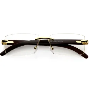 Dapper Rimless Metal Accent Classic Wood Arm Square Lens Blue Light Glasses D011