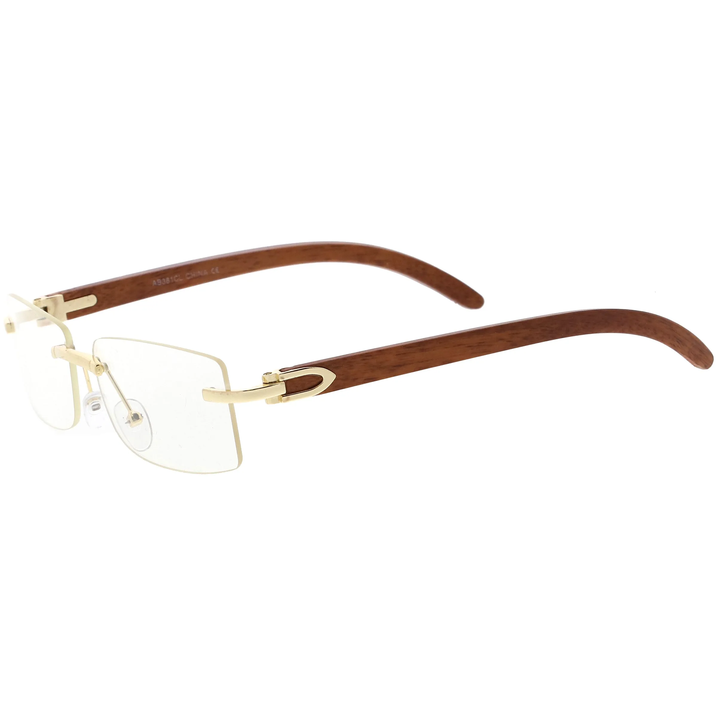 Dapper Rimless Metal Accent Classic Wood Arm Square Lens Blue Light Glasses D011