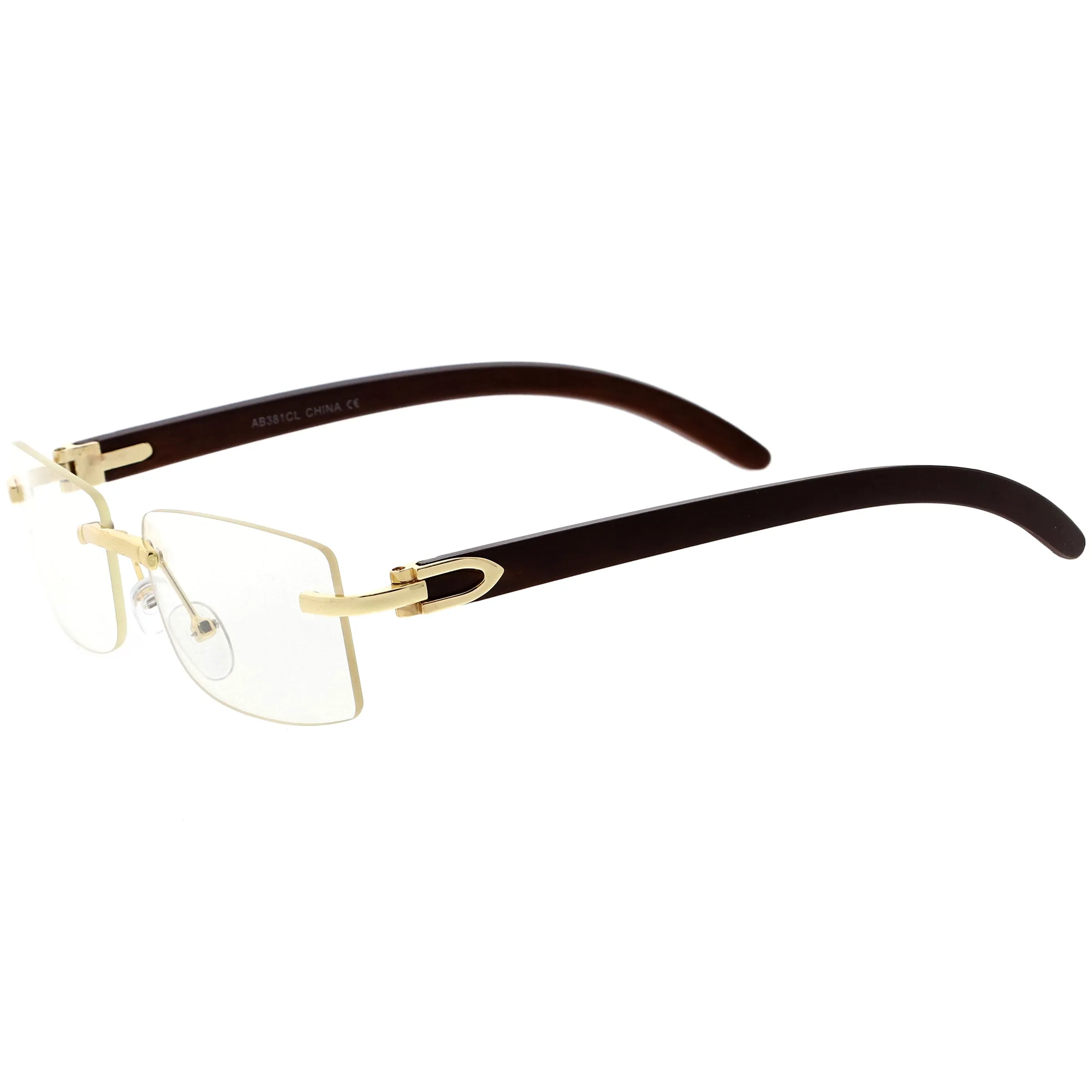 Dapper Rimless Metal Accent Classic Wood Arm Square Lens Blue Light Glasses D011