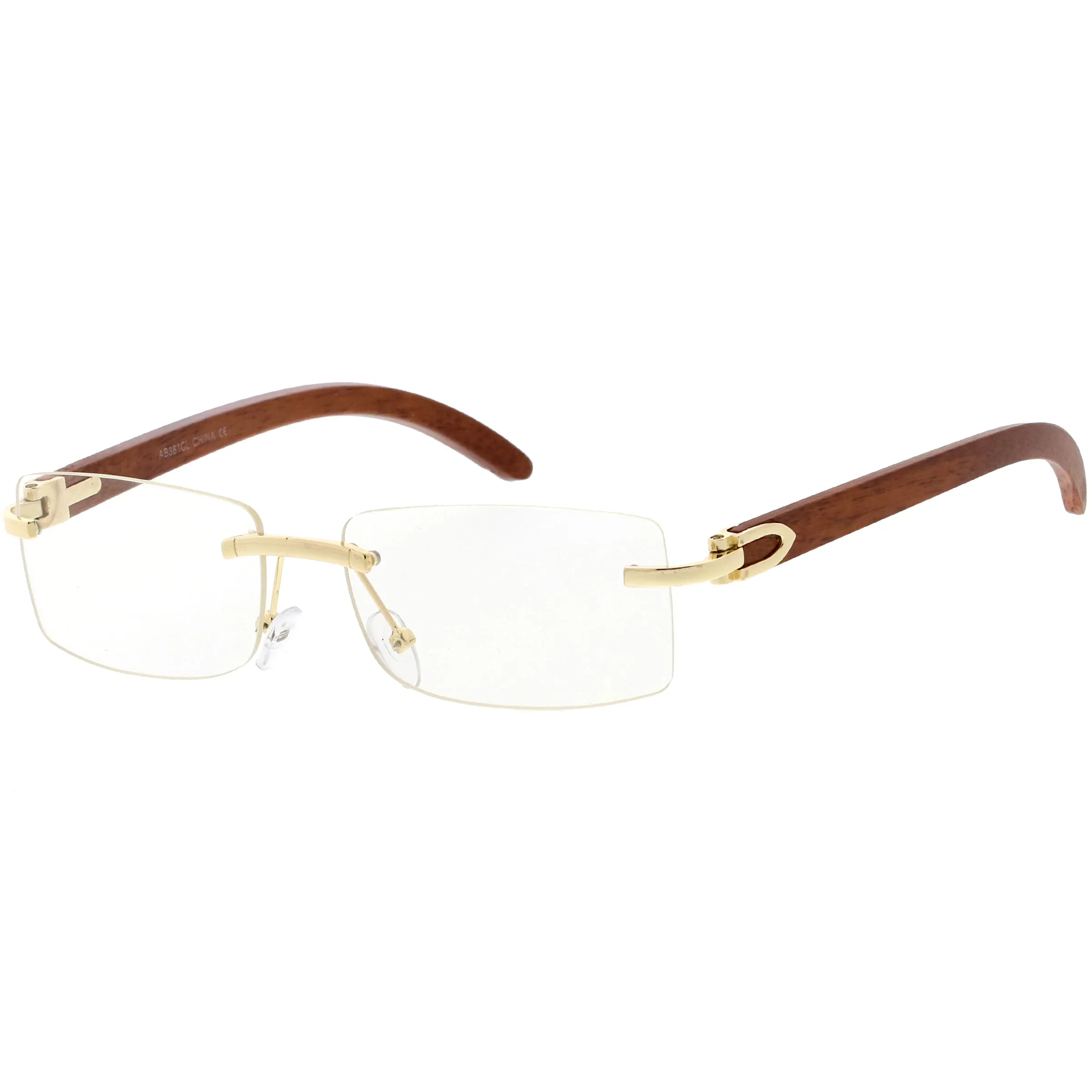 Dapper Rimless Metal Accent Classic Wood Arm Square Lens Blue Light Glasses D011
