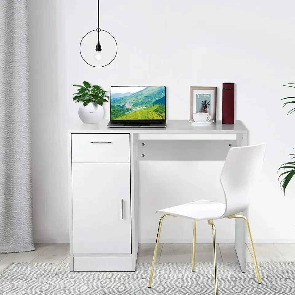 Ergonomic White Office Desk with Drawer and Cabinet