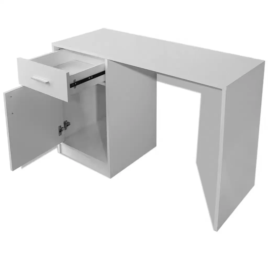 Ergonomic White Office Desk with Drawer and Cabinet
