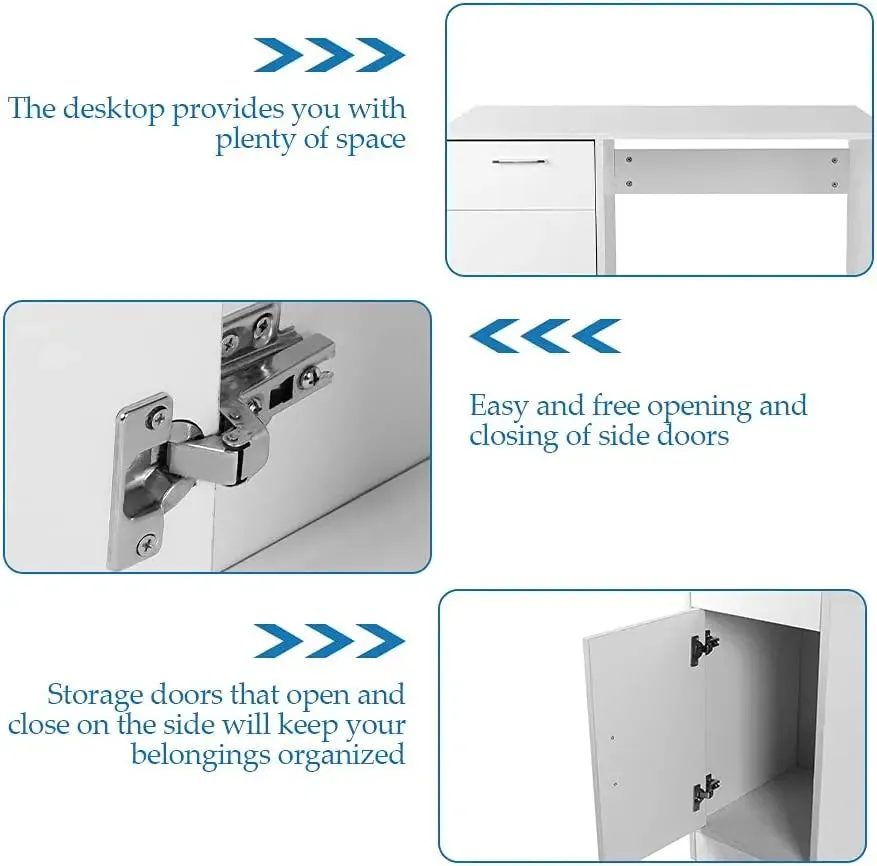 Ergonomic White Office Desk with Drawer and Cabinet