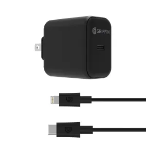 Griffin PowerBlock USB-C PD 18W Wall Charger with USB-C to Lightning Cable - Black