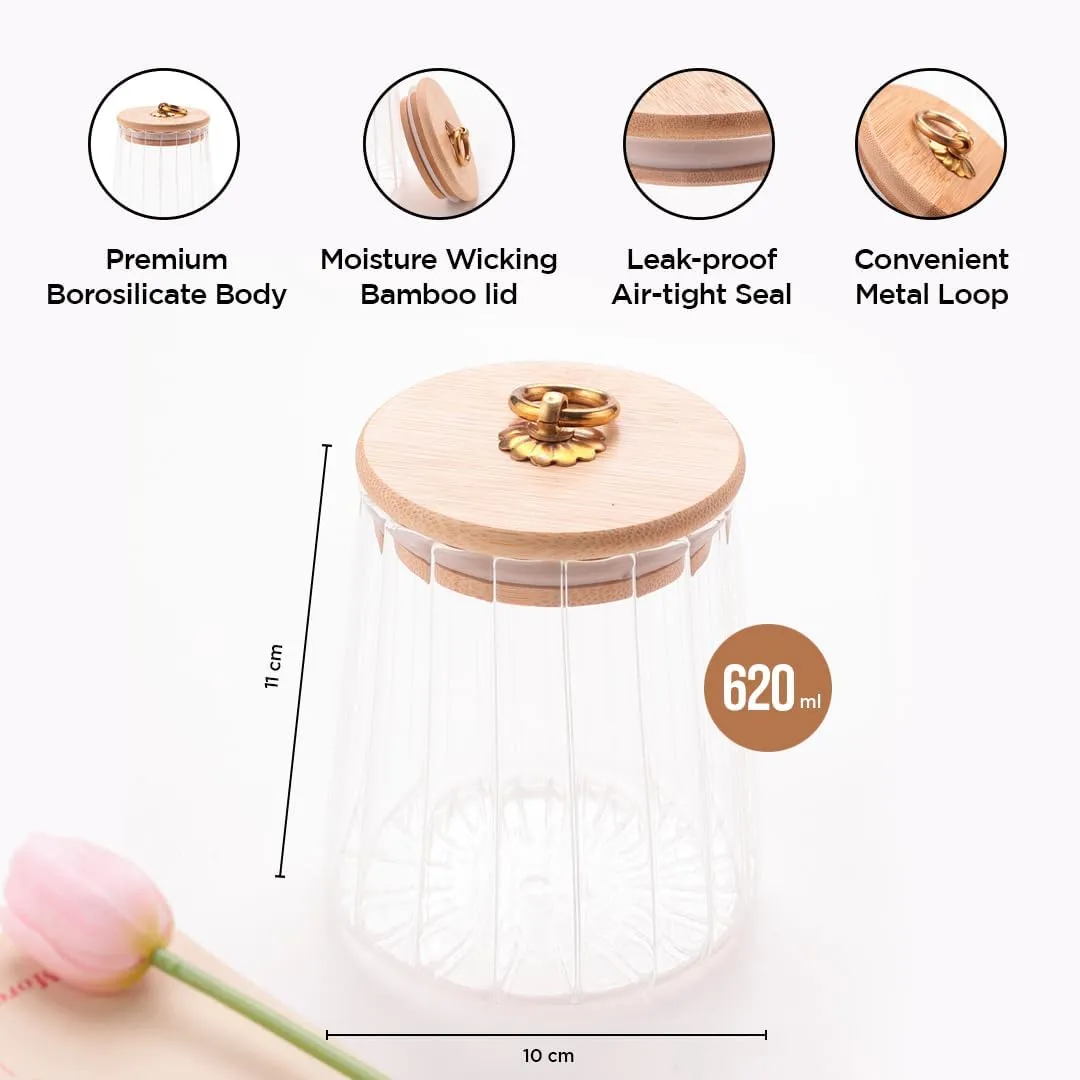 Heart Home Borosilicate Glass Jar with Bamboo Lid | Kitchen Organizer Items & Storage | Multi-utility, Leakproof, Airtight Storage Jar for Cookies, Snacks, Tea, Coffee, Sugar | Set of 2 (620ml)