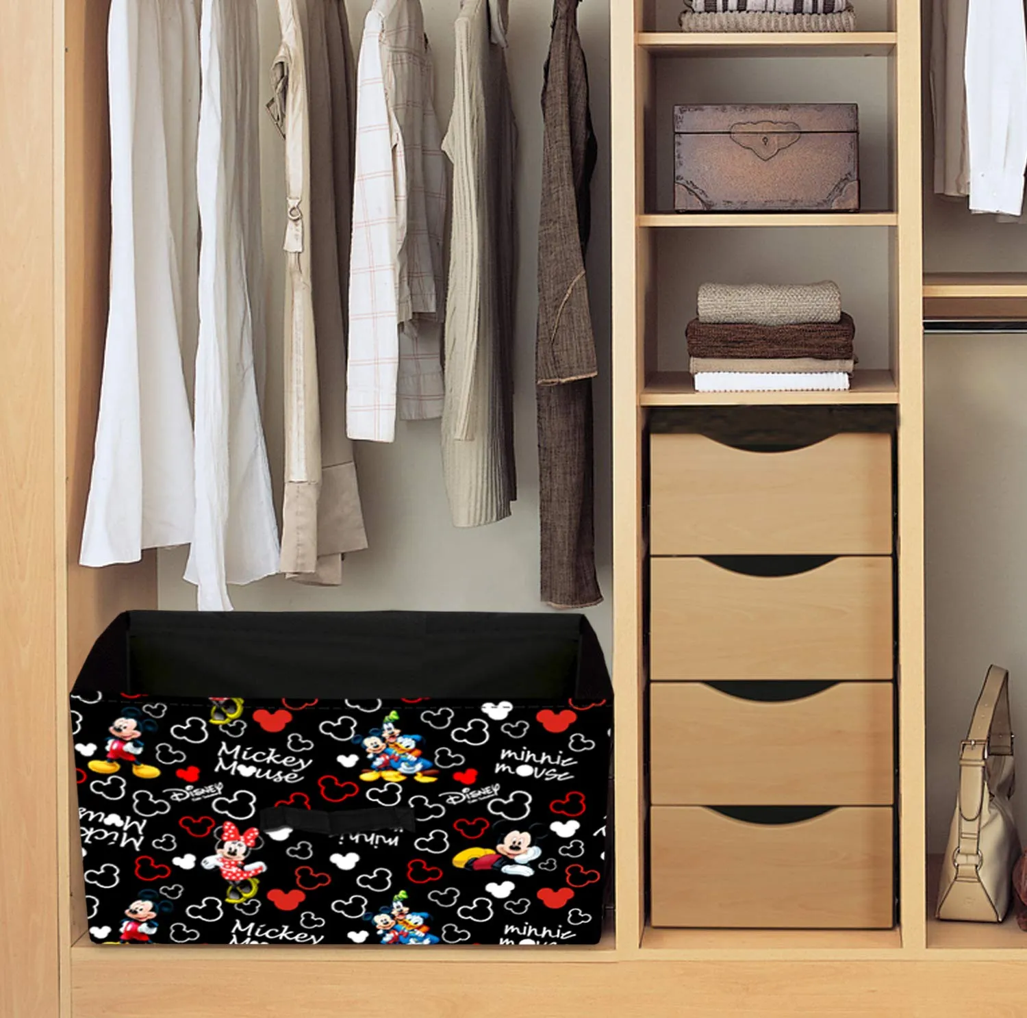 Heart Home Disney Mickey Print Non Woven Fabric Modular Cube Closet Organizer Box with Handle for Storage Units (Black) 42 cm x 29 cm x 22 cm-HHEART16025