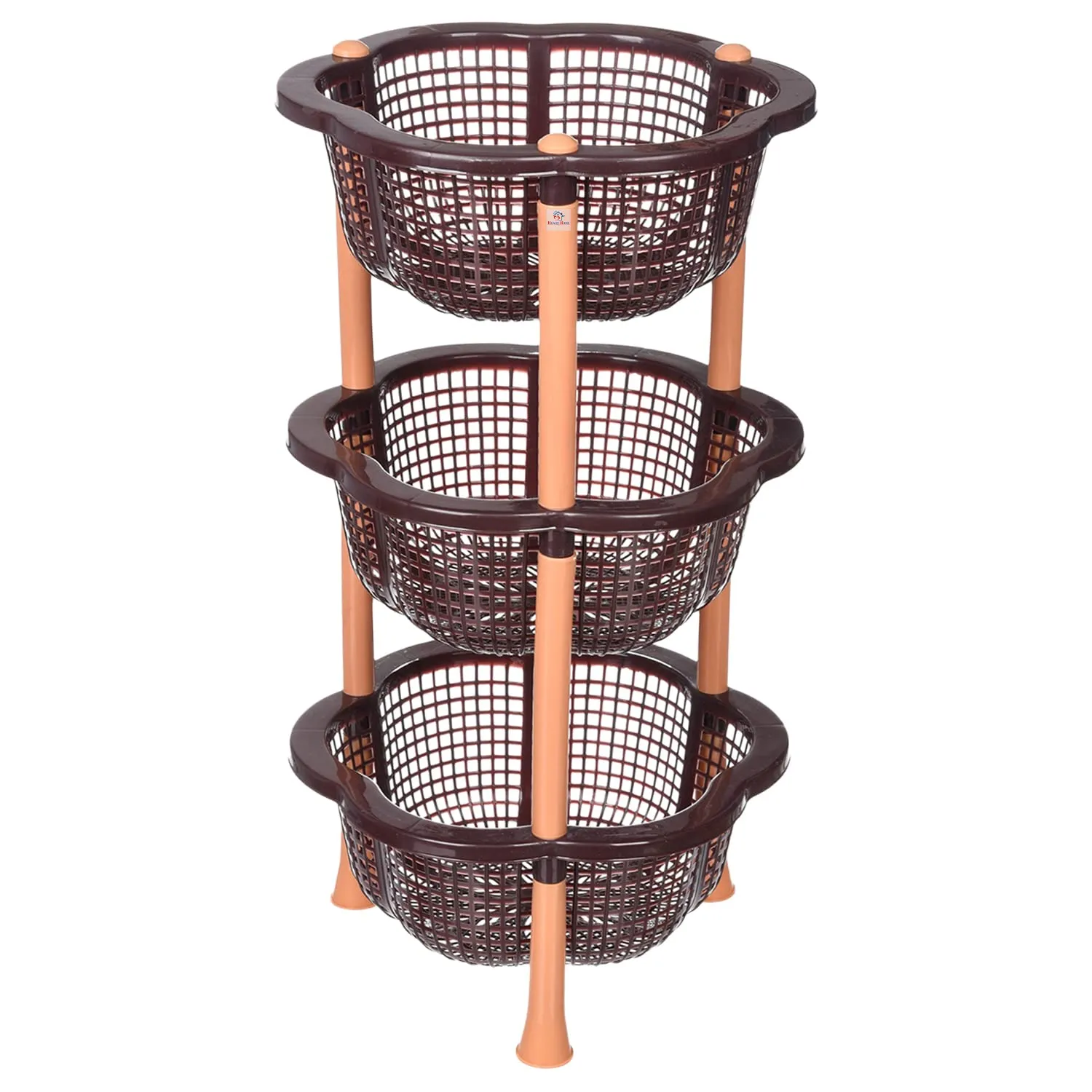 Heart Home Storage Basket | Plastic 3 Layer Kitchen Storage Basket | Storage Rack for Kitchen | Multi-Layer Vegetable Rack | Desire Floor-Standing Rack | Brown