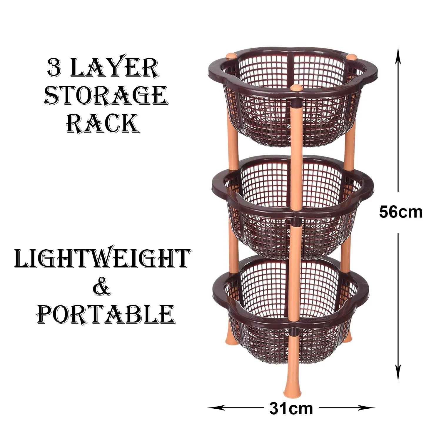 Heart Home Storage Basket | Plastic 3 Layer Kitchen Storage Basket | Storage Rack for Kitchen | Multi-Layer Vegetable Rack | Desire Floor-Standing Rack | Brown