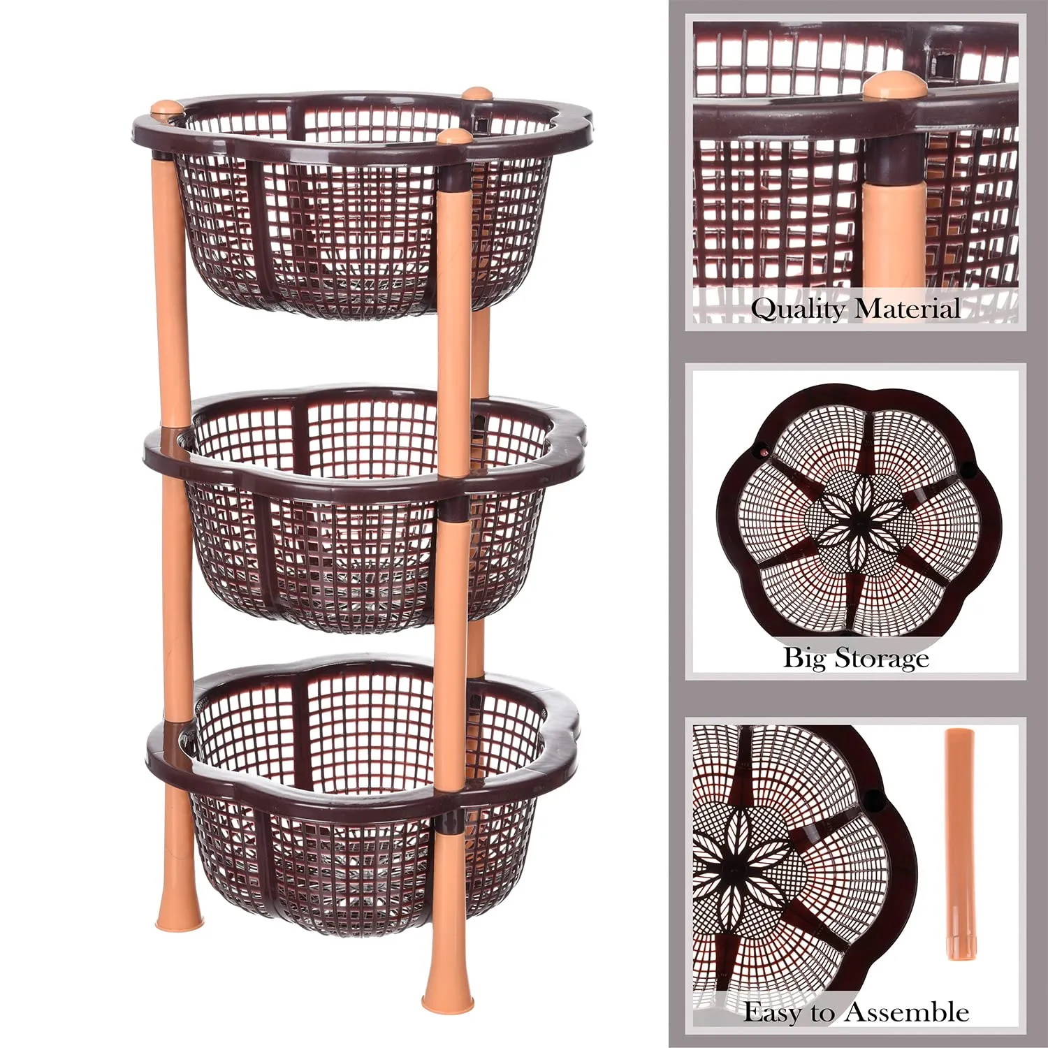 Heart Home Storage Basket | Plastic 3 Layer Kitchen Storage Basket | Storage Rack for Kitchen | Multi-Layer Vegetable Rack | Desire Floor-Standing Rack | Brown