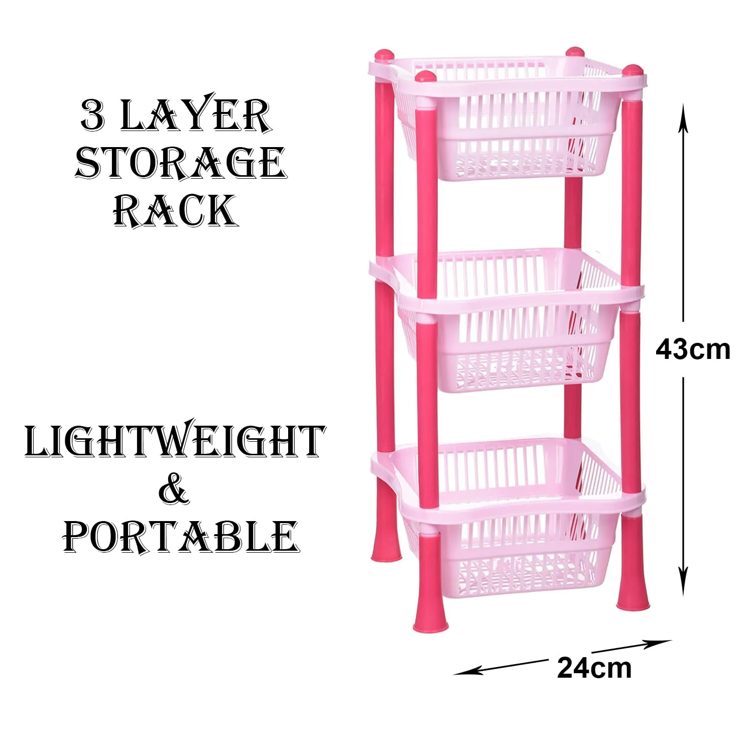 Heart Home Storage Basket | Plastic 3 Layer Square Storage Basket | Storage Rack for Kitchen | Multi-Layer Vegetable Rack | Fiesta Floor-Standing Rack | Pink