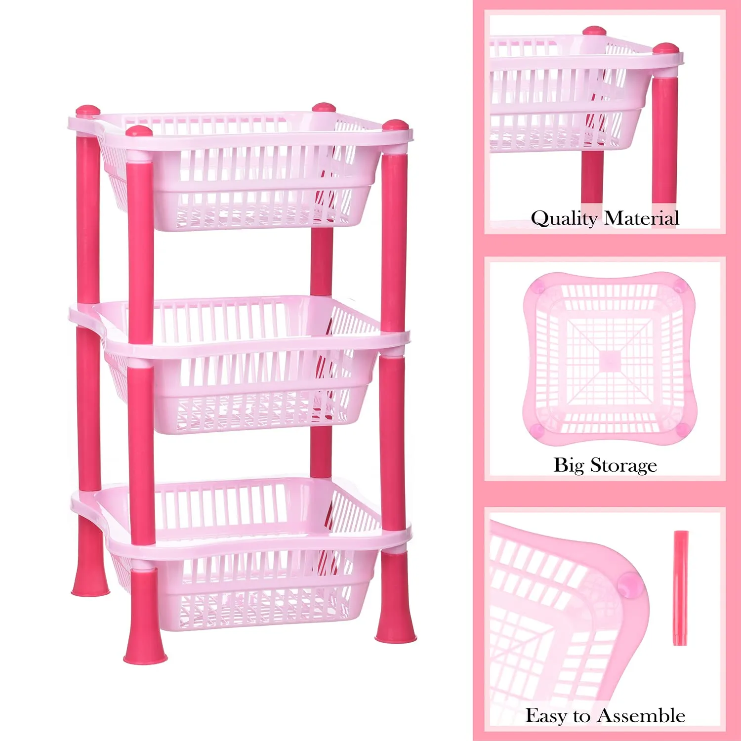 Heart Home Storage Basket | Plastic 3 Layer Square Storage Basket | Storage Rack for Kitchen | Multi-Layer Vegetable Rack | Fiesta Floor-Standing Rack | Pink