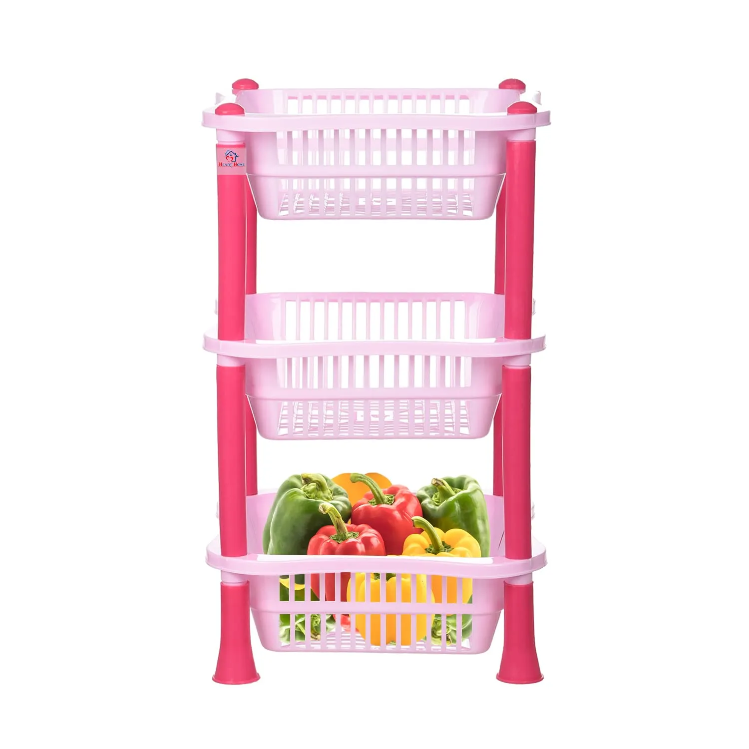 Heart Home Storage Basket | Plastic 3 Layer Square Storage Basket | Storage Rack for Kitchen | Multi-Layer Vegetable Rack | Fiesta Floor-Standing Rack | Pink