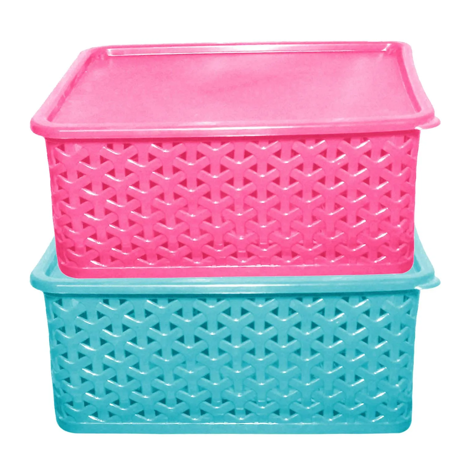 Kuber Industries Plastic 2 Pieces Small Size Multipurpose Solitaire Storage Basket with Lid (Multi)-CTLTC15081