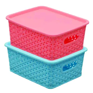 Kuber Industries Plastic 2 Pieces Small Size Multipurpose Solitaire Storage Basket with Lid (Multi)-CTLTC15081