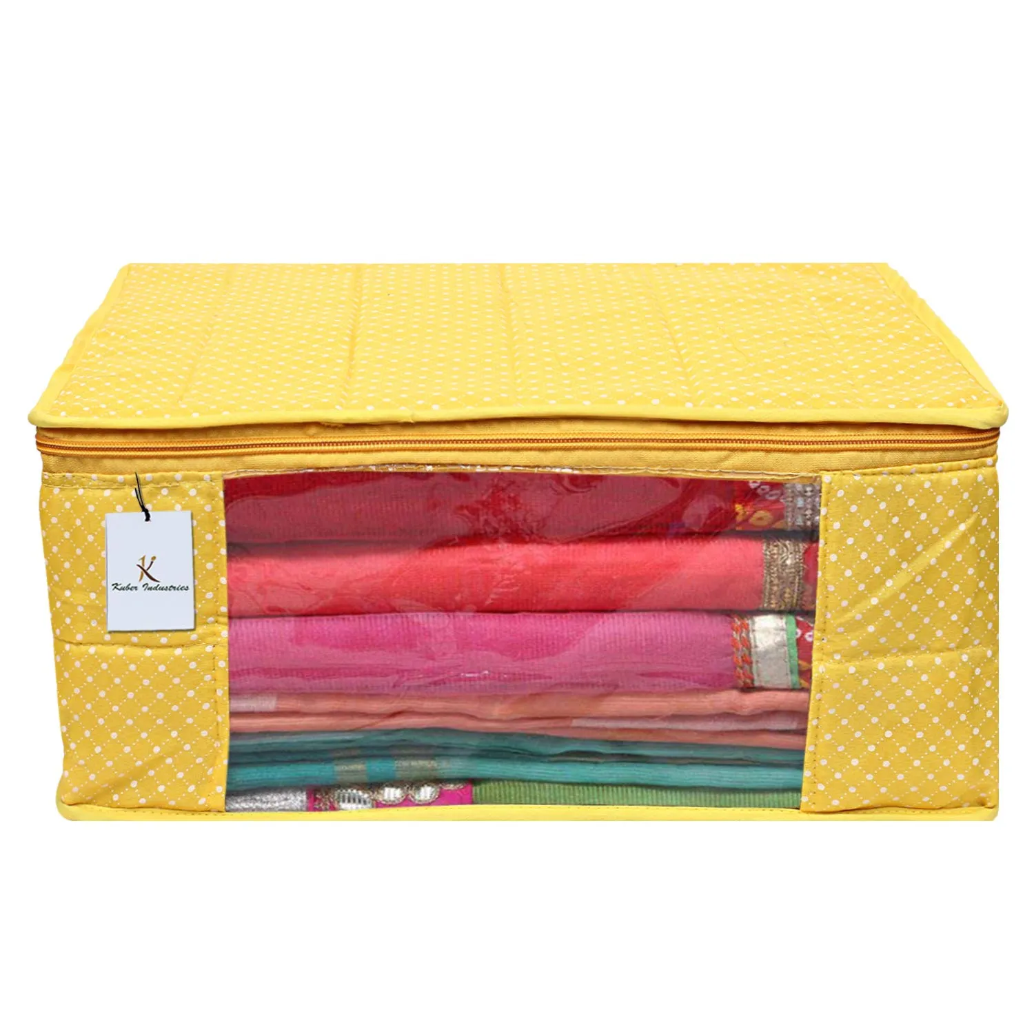 Kuber Industries Polka Dots 1 Piece Cotton 3 Layered Quilted Saree Cover, Yellow-CTKTC21317