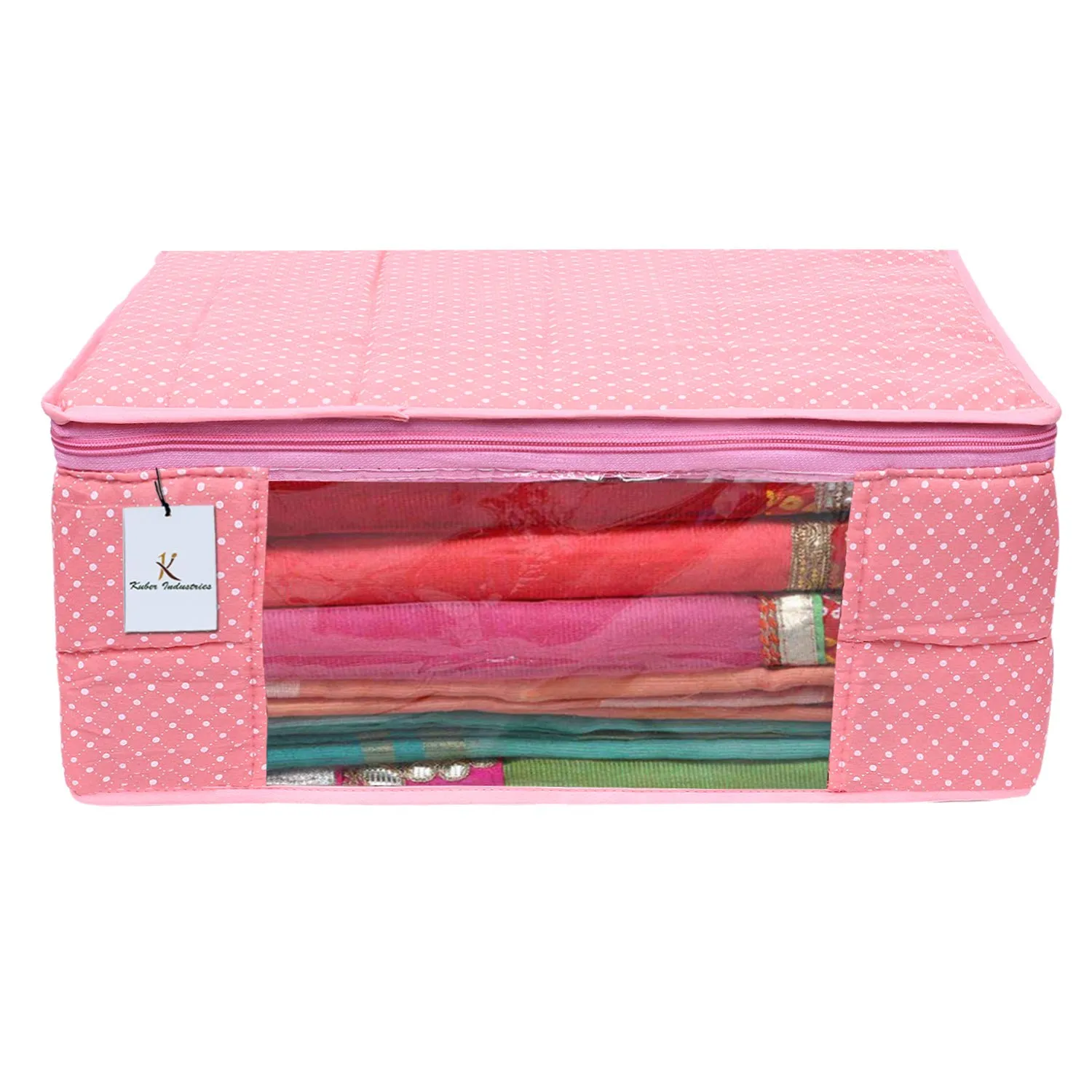 Kuber Industries Polka Dots 2 Piece Cotton 3 Layered Quilted Saree Cover, Peach-CTKTC21330