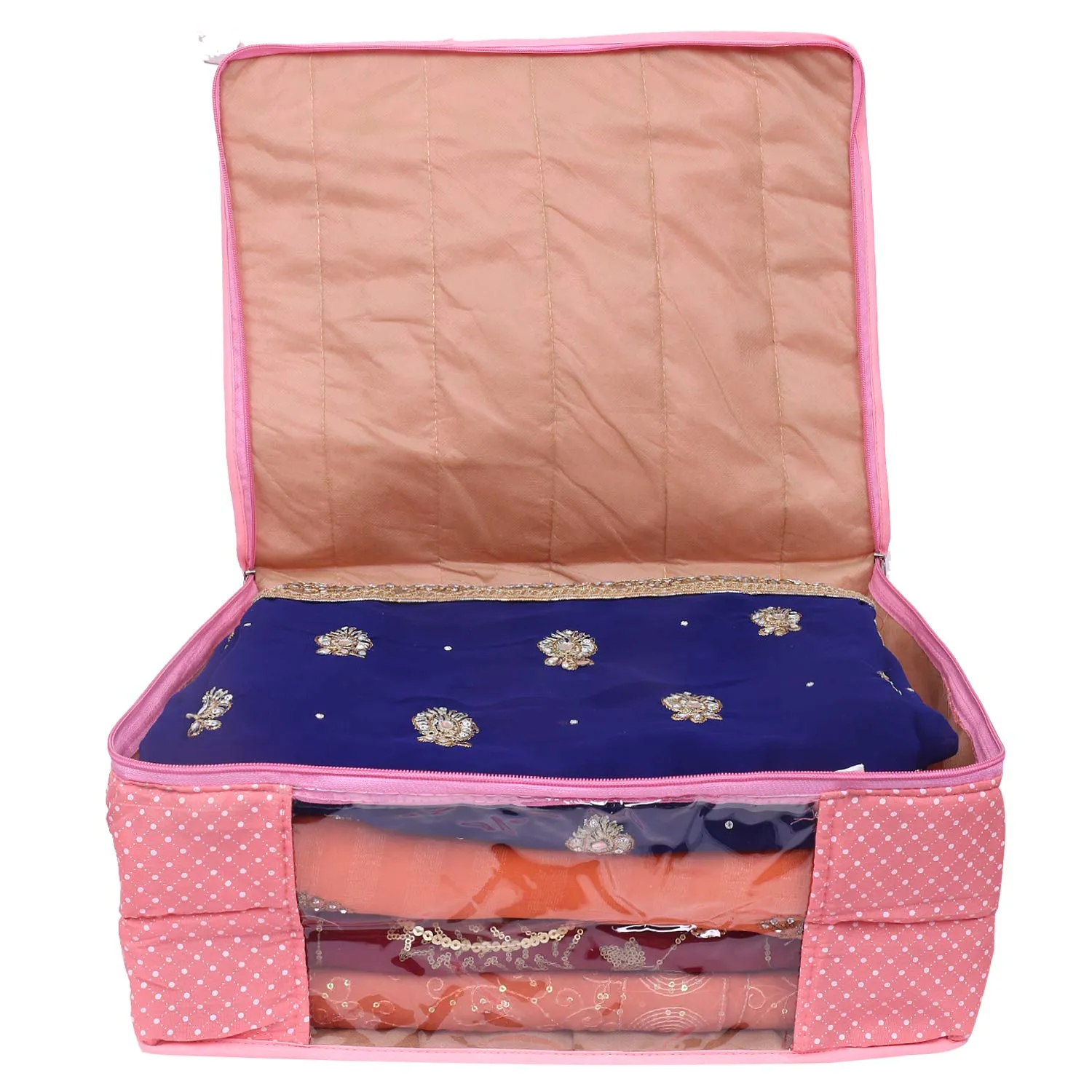 Kuber Industries Polka Dots 2 Piece Cotton 3 Layered Quilted Saree Cover, Peach-CTKTC21330