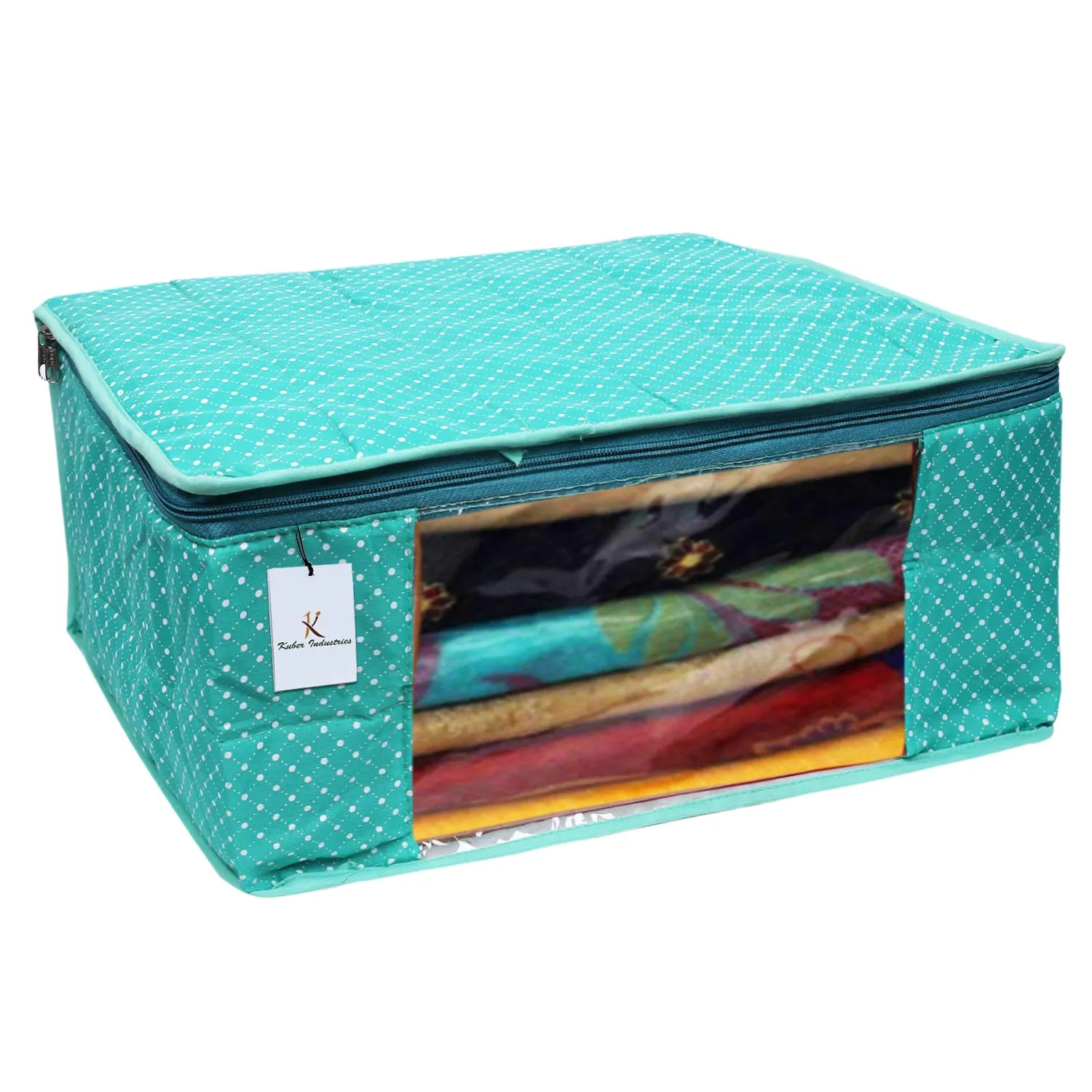 Kuber Industries Polka Dots 3 Piece Cotton 3 Layered Quilted Saree Cover, Pink, Blue & Green-CTKTC025877