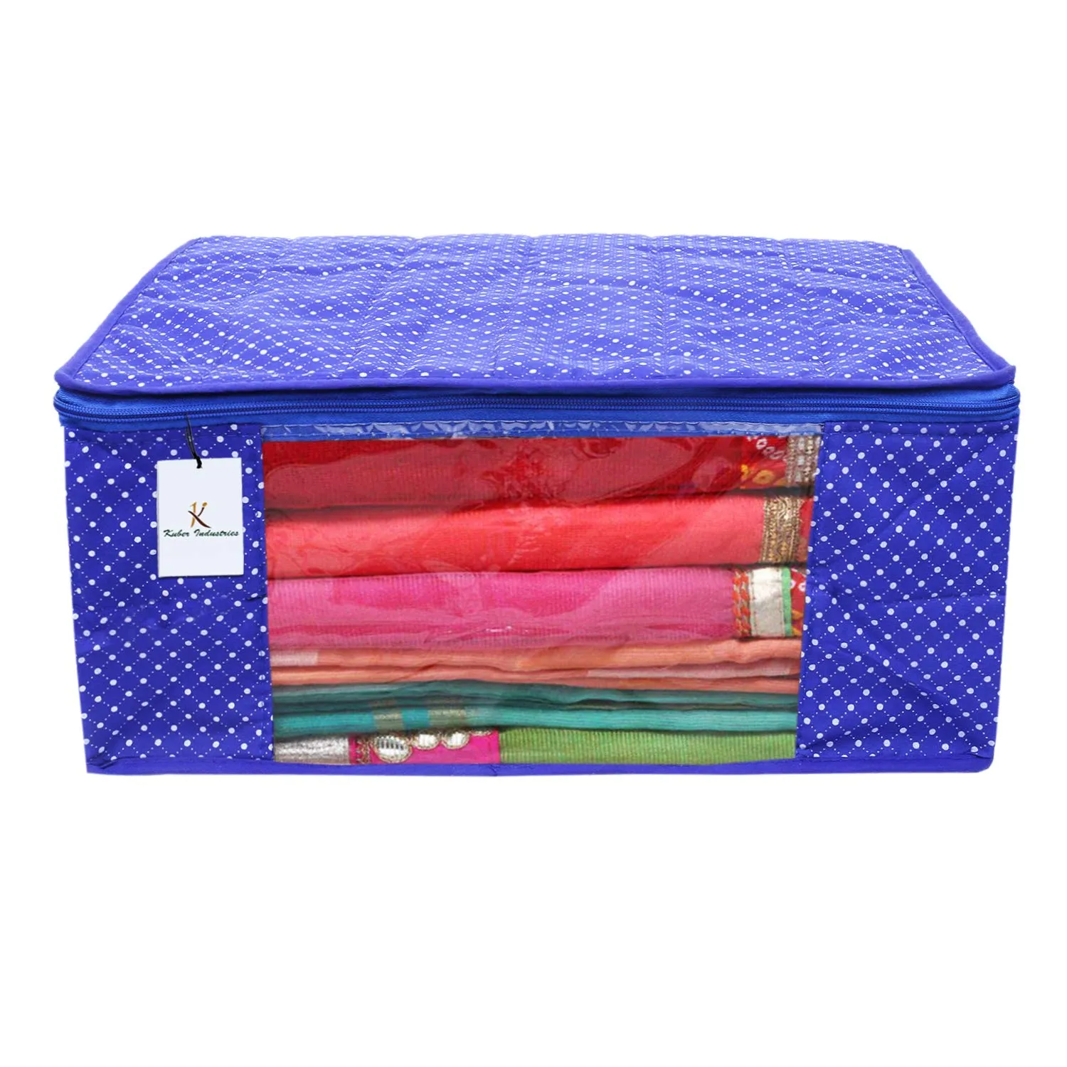 Kuber Industries Polka Dots 3 Piece Cotton 3 Layered Quilted Saree Cover, Pink, Blue & Green-CTKTC025877