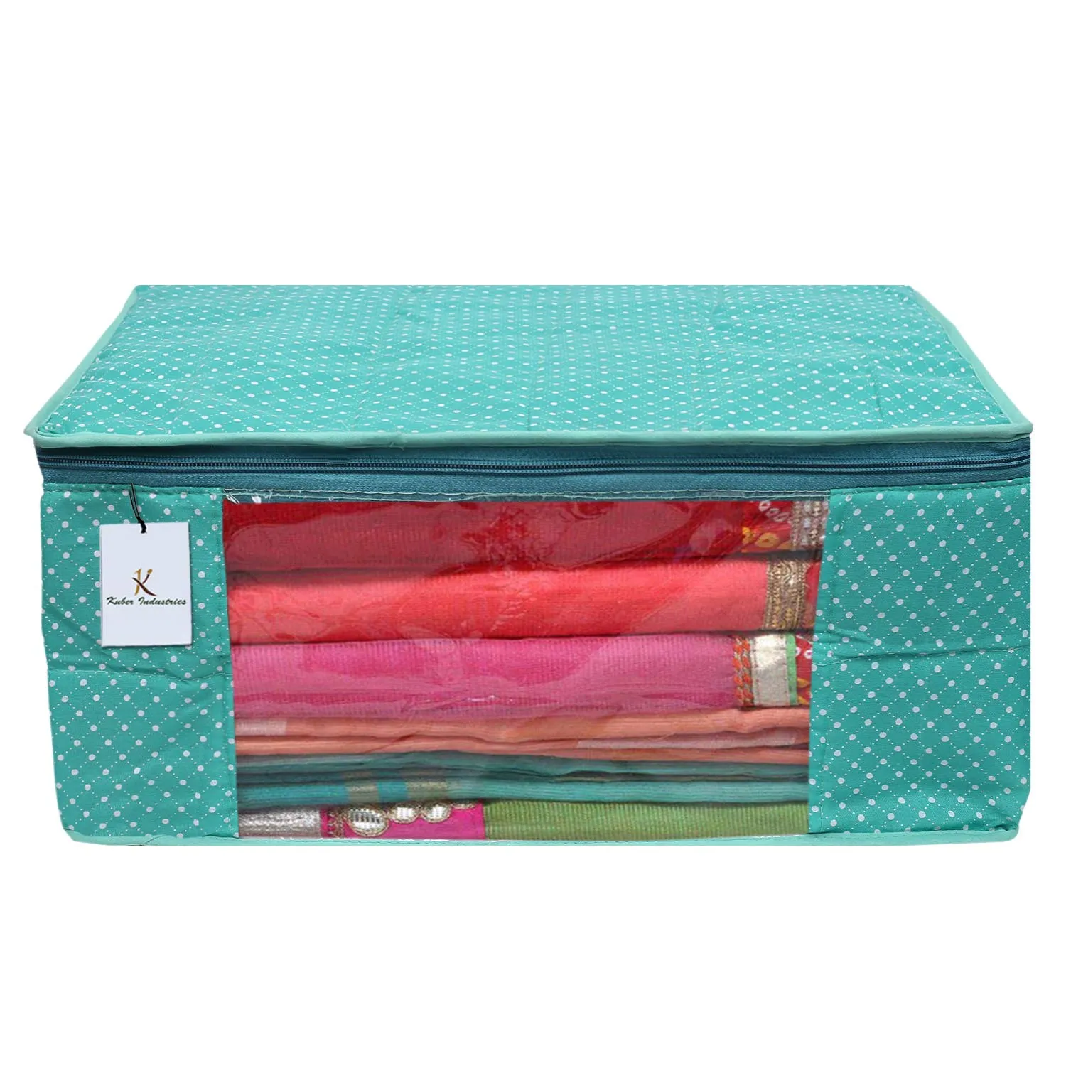 Kuber Industries Polka Dots 3 Piece Cotton 3 Layered Quilted Saree Cover, Pink, Blue & Green-CTKTC025877