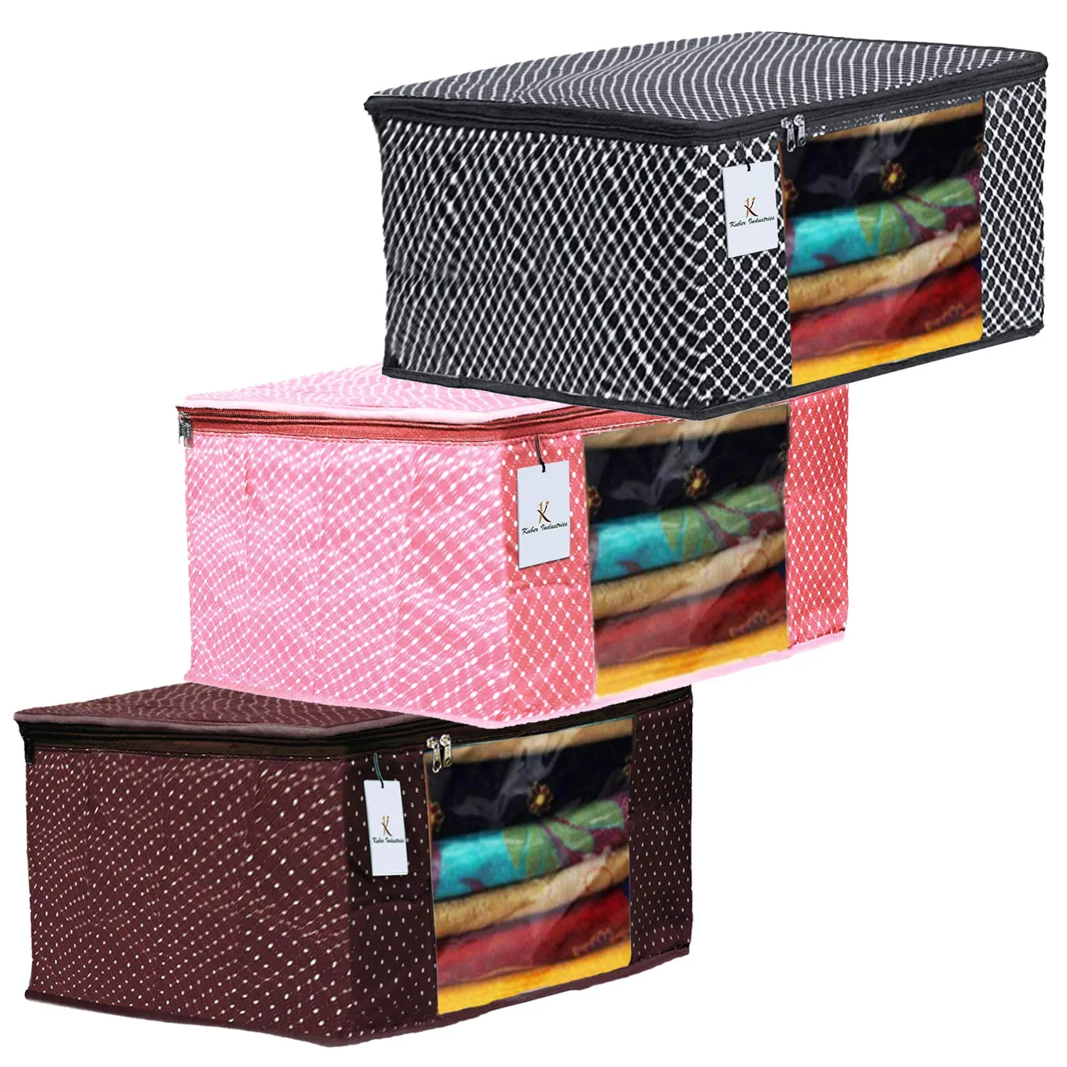 Kuber Industries Polka Dots 3 Pieces Cotton 3 Layered Quilted Saree Cover (Brown & Peach & Black) - CTKTC031163