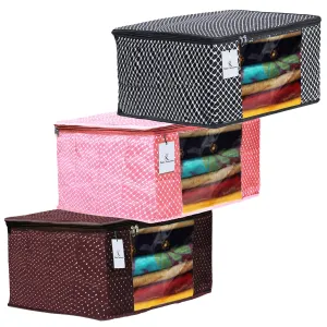 Kuber Industries Polka Dots 3 Pieces Cotton 3 Layered Quilted Saree Cover (Brown & Peach & Black) - CTKTC031163