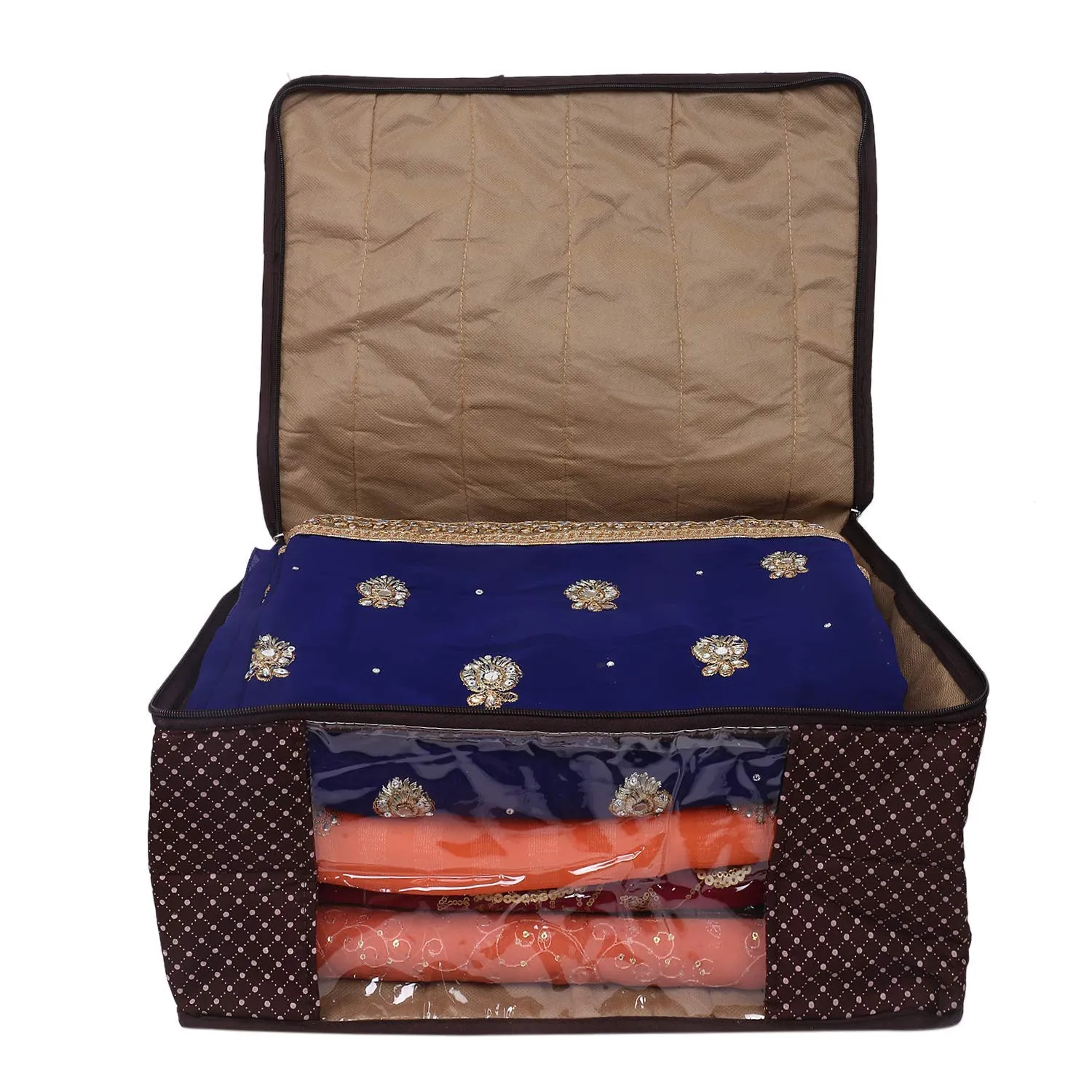 Kuber Industries Polka Dots 3 Pieces Cotton 3 Layered Quilted Saree Cover (Brown & Peach & Black) - CTKTC031163
