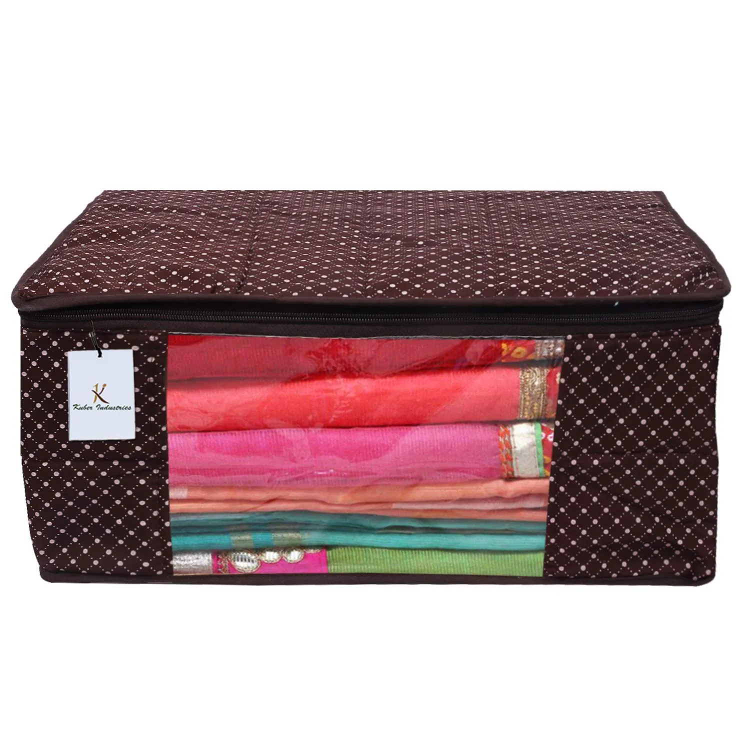 Kuber Industries Polka Dots 3 Pieces Cotton 3 Layered Quilted Saree Cover (Brown & Peach & Black) - CTKTC031163
