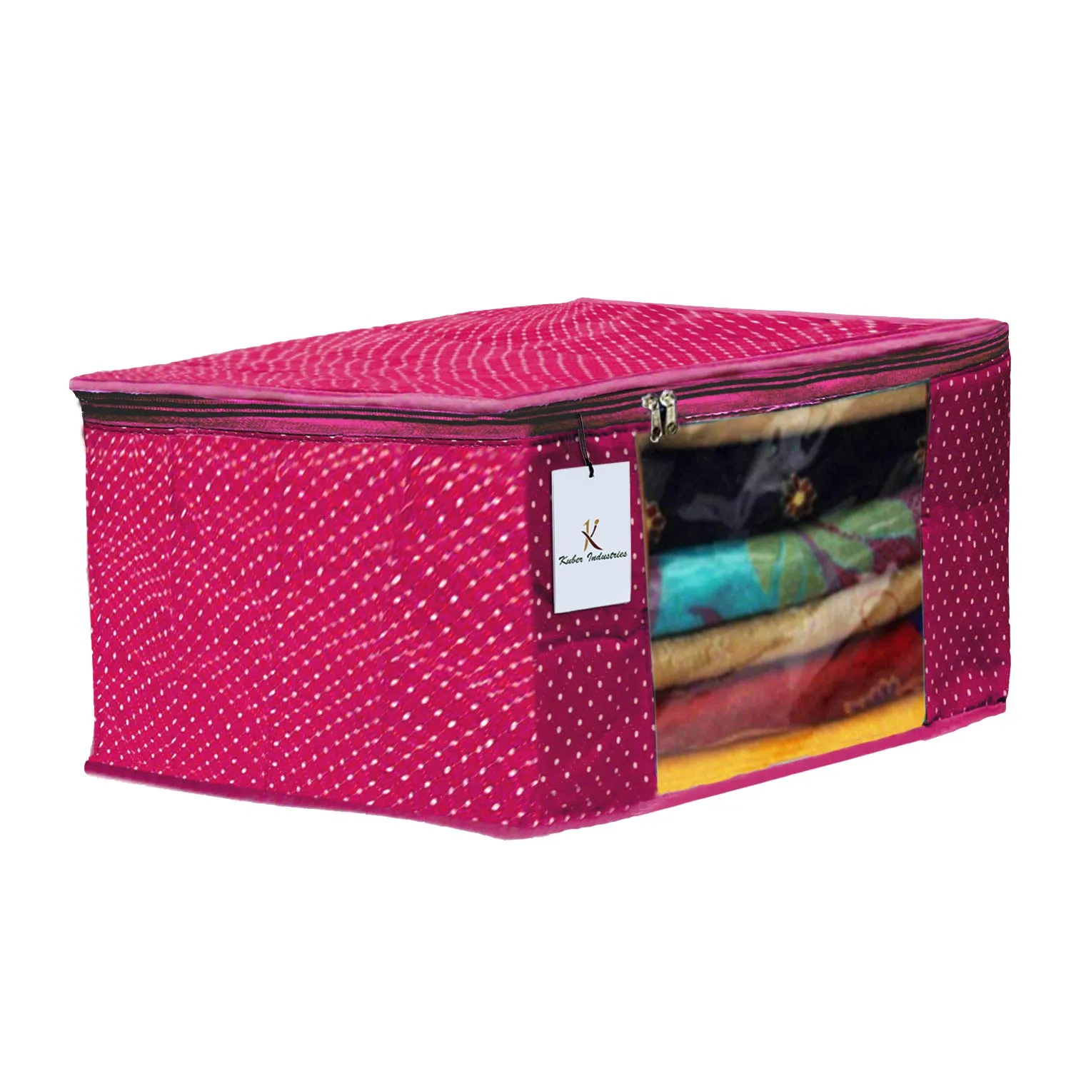 Kuber Industries Polka Dots 3 Pieces Cotton 3 Layered Quilted Saree Cover (Green & Brown & Rani) - CTKTC031149