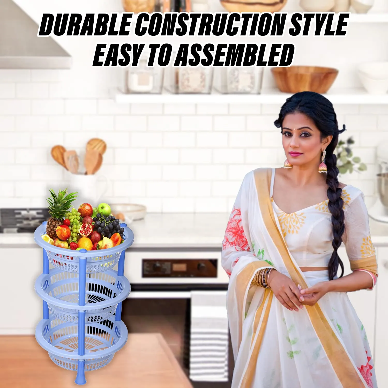 Kuber Industries Storage Basket | Plastic 3 Layer Kitchen Storage Basket | Storage Rack for Kitchen | Multi-Layer Vegetable Rack | Mondeo Floor-Standing Rack | Sky Blue