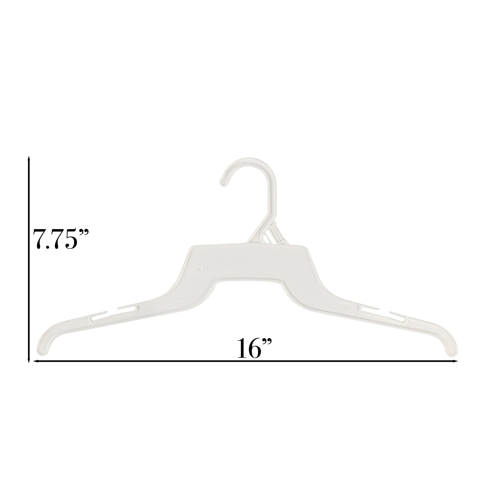 Mainetti 340, 16" White all Plastic, Shirt Top Dress Hangers, with notches for straps