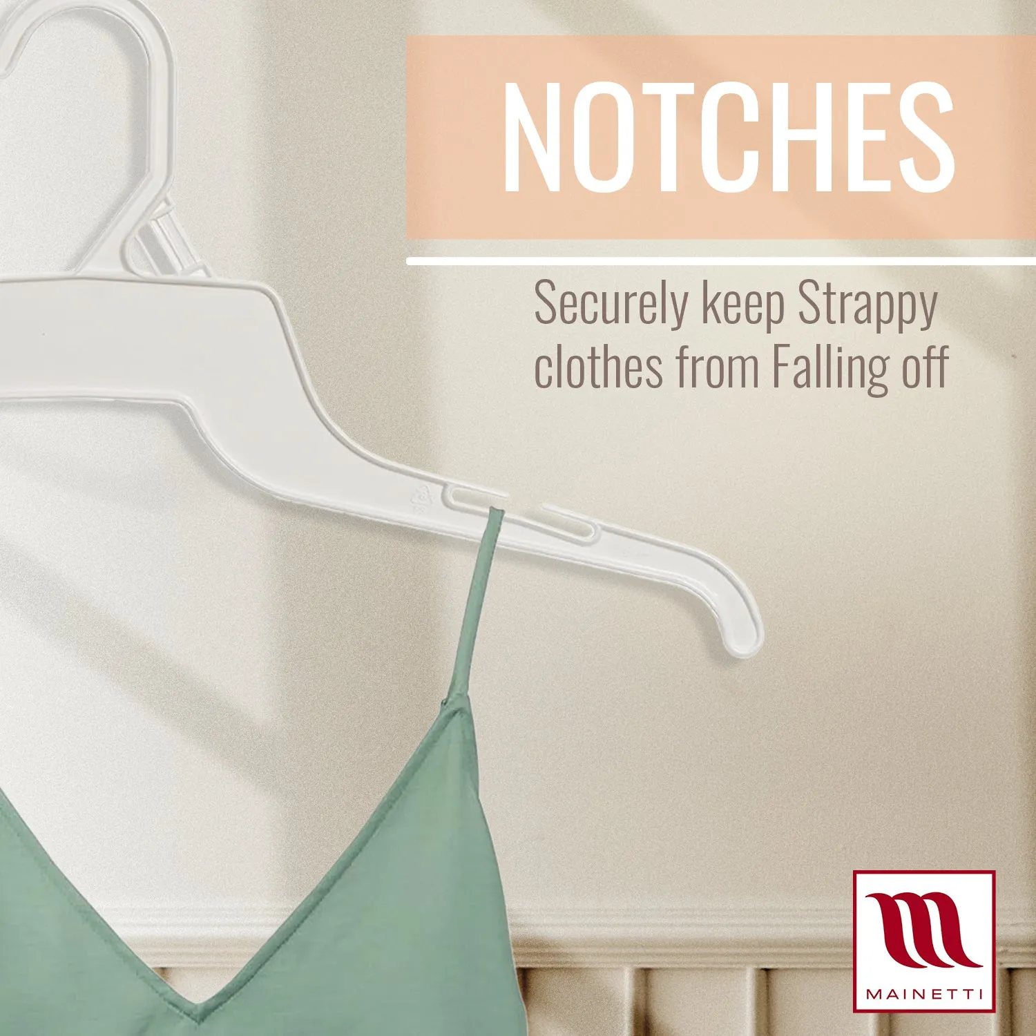 Mainetti 340, 16" White all Plastic, Shirt Top Dress Hangers, with notches for straps