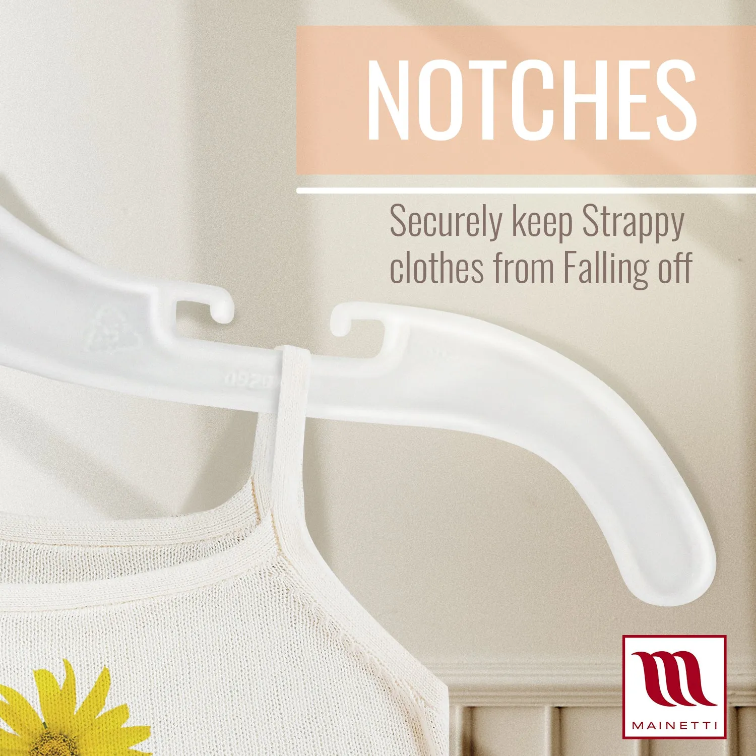 Mainetti 495, 10" White all Plastic, Shirt Top Dress Hangers, with notches for straps
