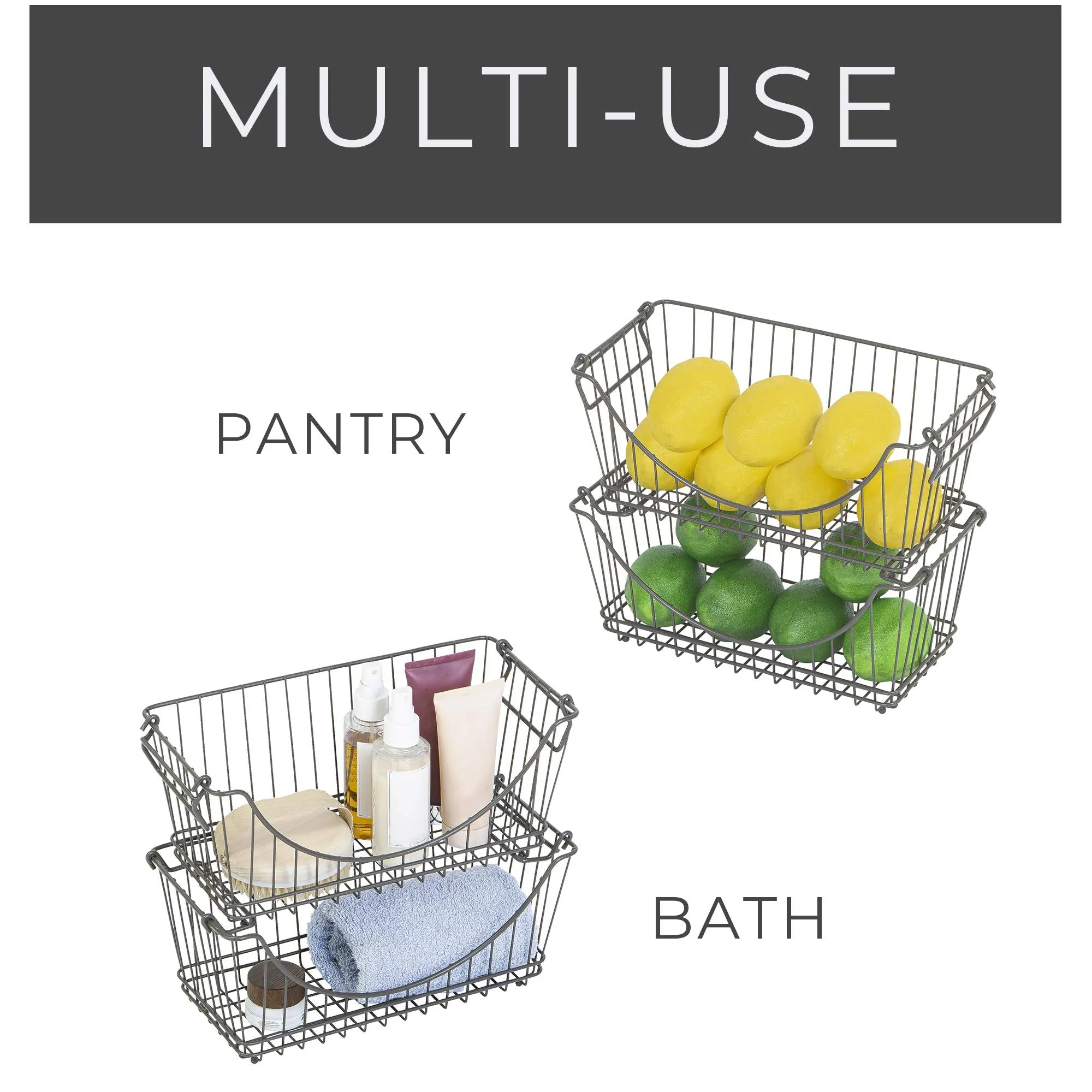 Medium Metal Wire Stacking Baskets with Handles