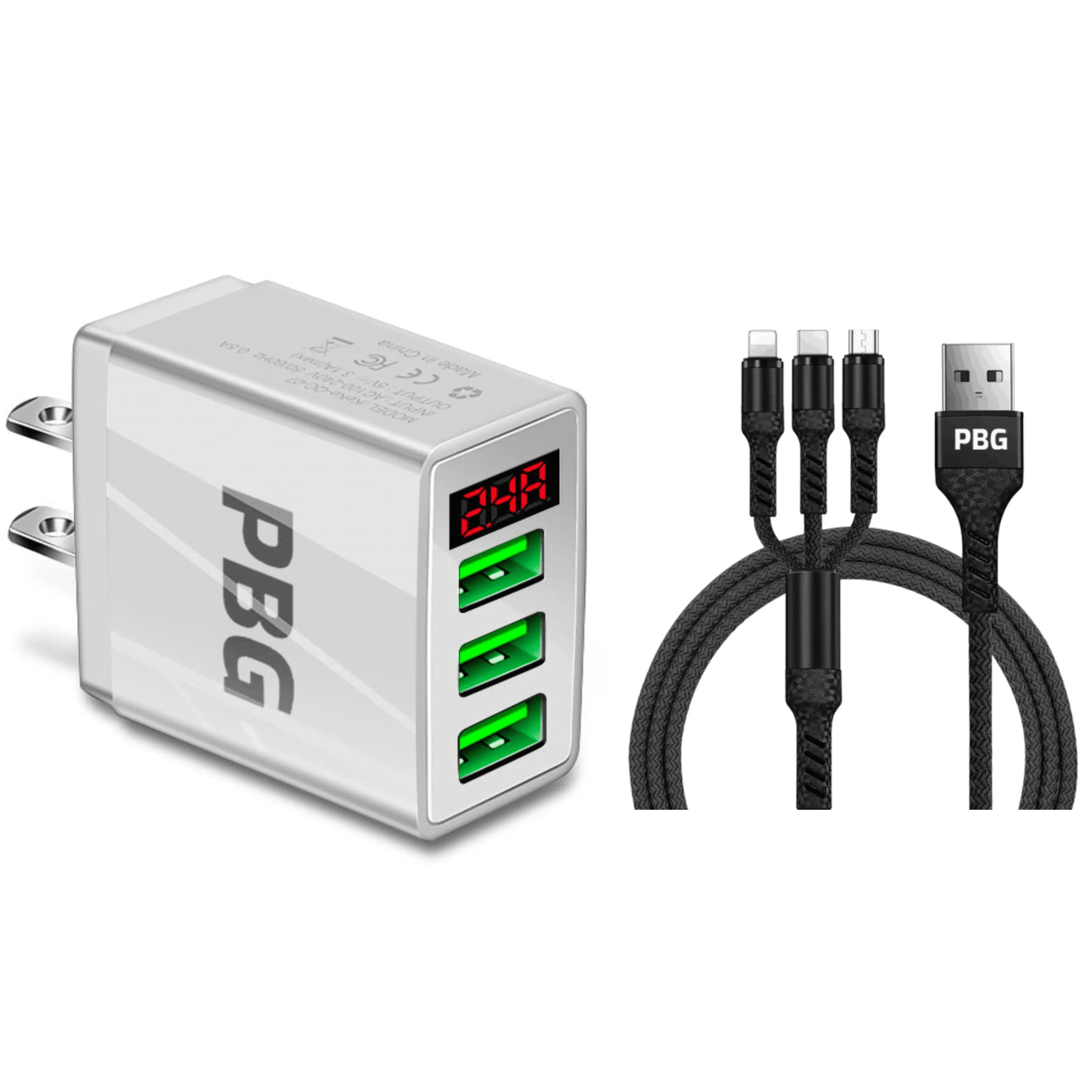 PBG 3-in-1 Fast Charging Cable with LED Display Wall Charger