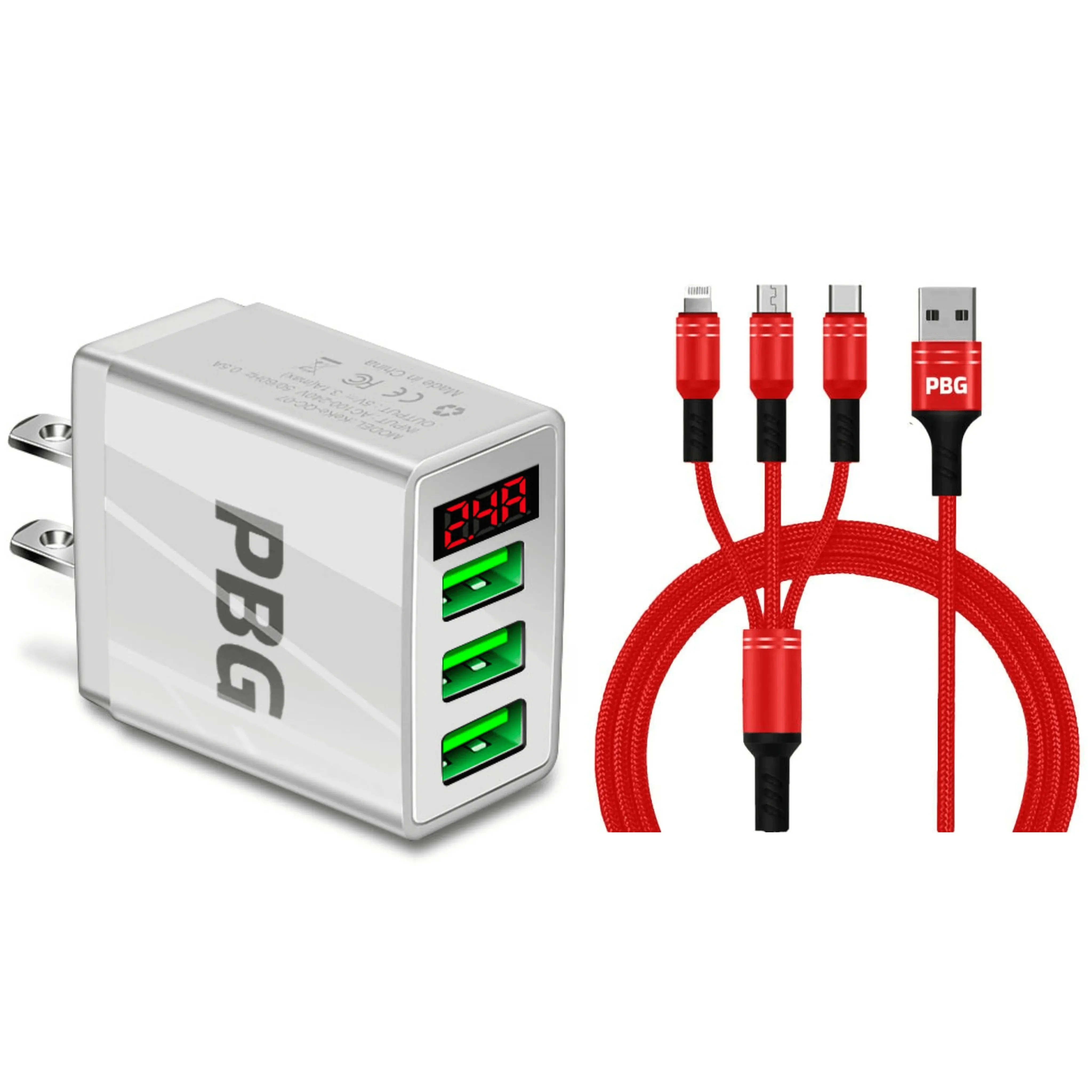 PBG 3-in-1 Fast Charging Cable with LED Display Wall Charger