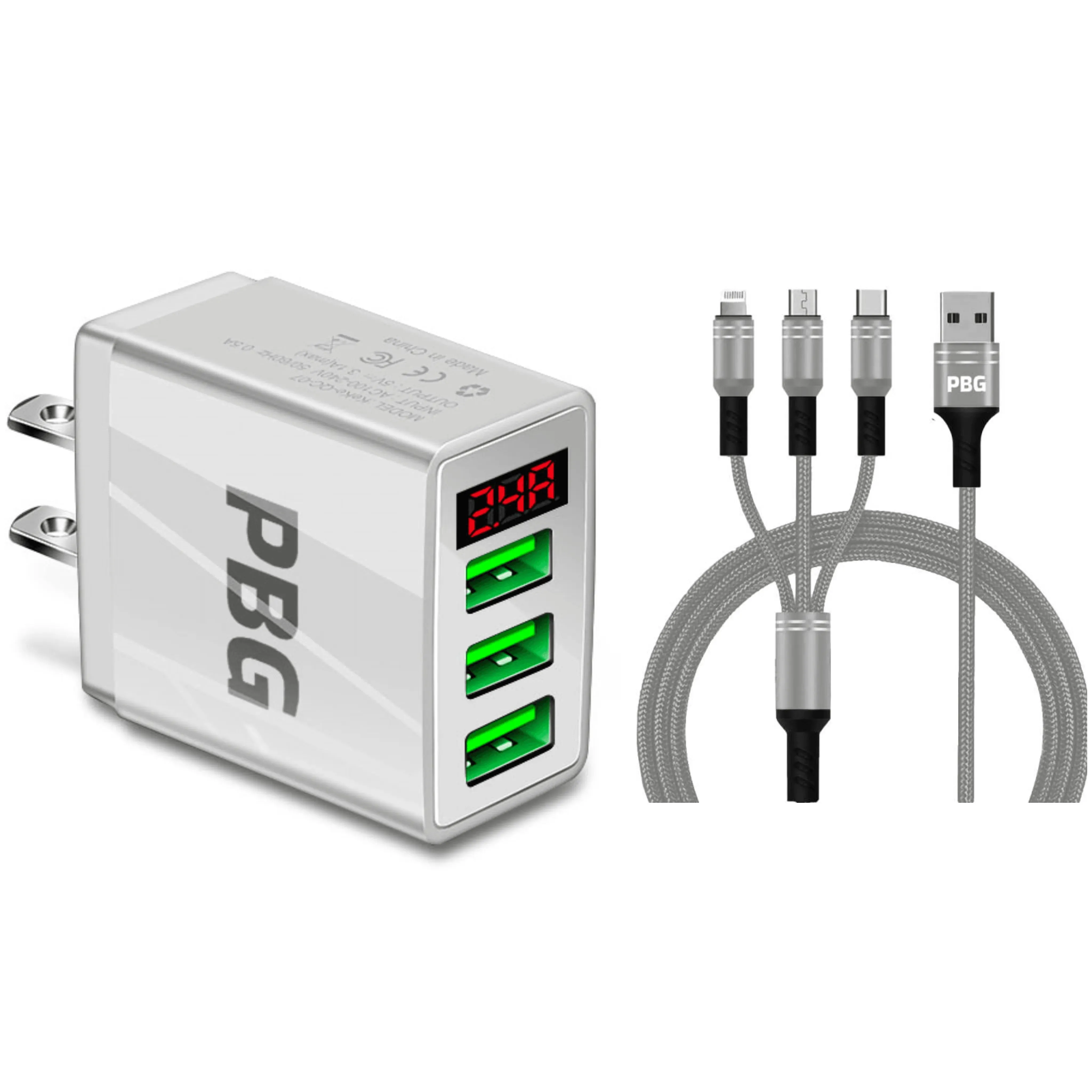 PBG 3-in-1 Fast Charging Cable with LED Display Wall Charger