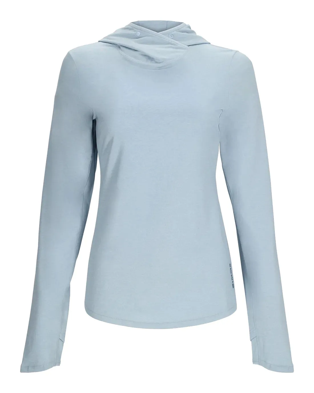 Simms Women's SolarFlex Hoody Fly Fish Food Logo - Steel Blue Heather