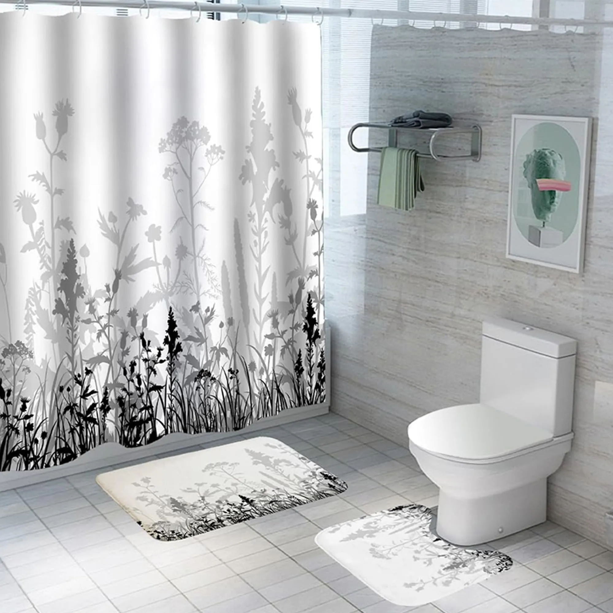 The Better Home Shower Curtain & Bathroom Mat Set (3pc) | 7 Ft Shower Curtains for Bathroom| U-Shaped Anti Skid Mat for Bathroom Floor | Non Slip Mat for Bathroom | Mold Resistant | White & Black