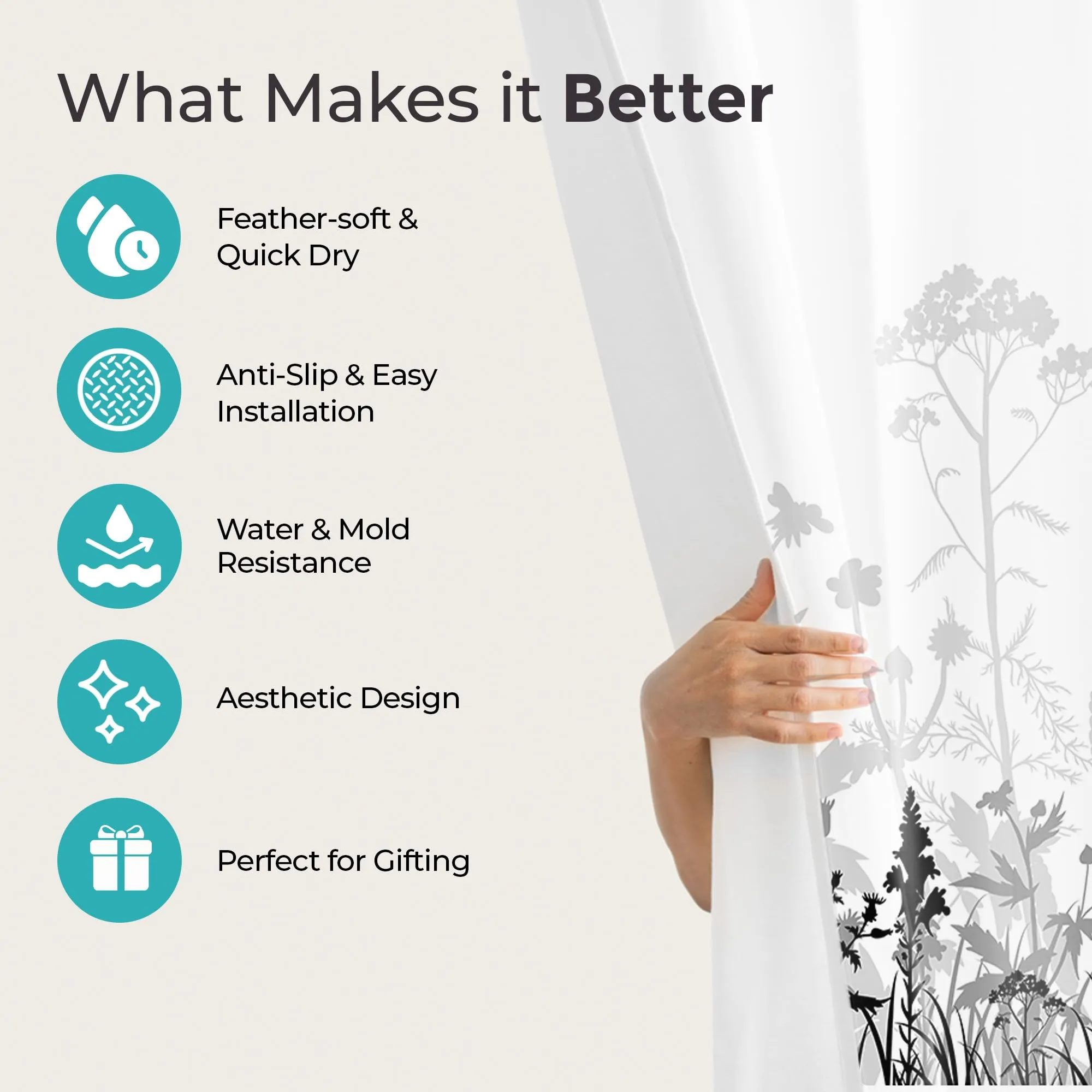 The Better Home Shower Curtain & Bathroom Mat Set (3pc) | 7 Ft Shower Curtains for Bathroom| U-Shaped Anti Skid Mat for Bathroom Floor | Non Slip Mat for Bathroom | Mold Resistant | White & Black
