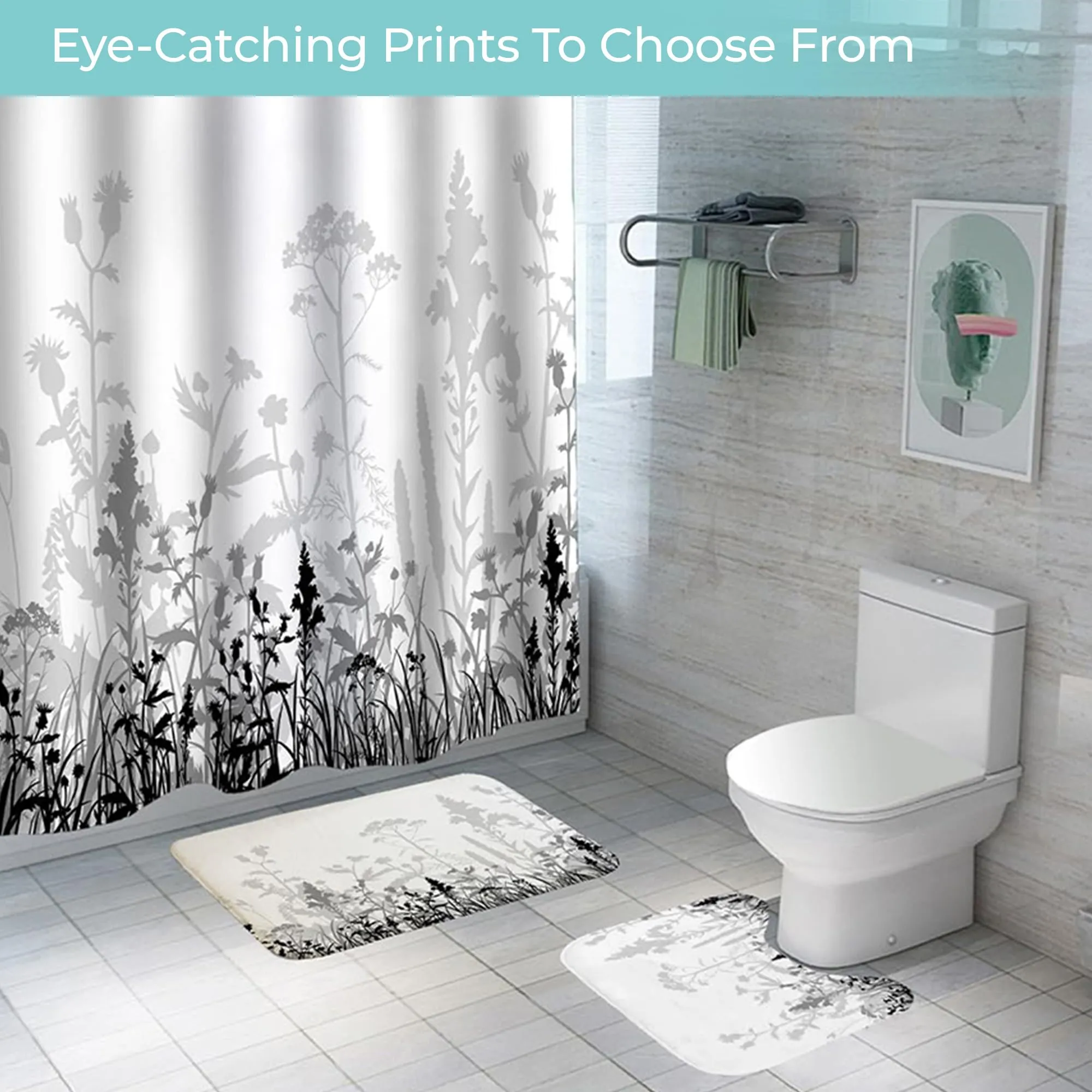 The Better Home Shower Curtain & Bathroom Mat Set (3pc) | 7 Ft Shower Curtains for Bathroom| U-Shaped Anti Skid Mat for Bathroom Floor | Non Slip Mat for Bathroom | Mold Resistant | White & Black