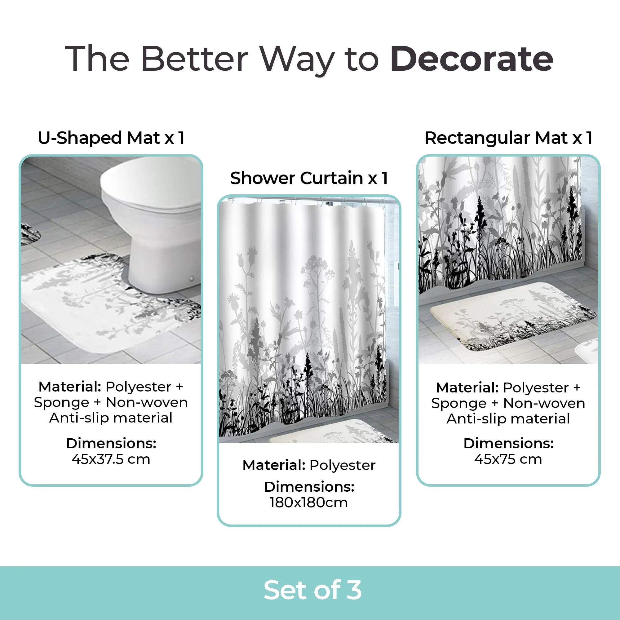 The Better Home Shower Curtain & Bathroom Mat Set (3pc) | 7 Ft Shower Curtains for Bathroom| U-Shaped Anti Skid Mat for Bathroom Floor | Non Slip Mat for Bathroom | Mold Resistant | White & Black