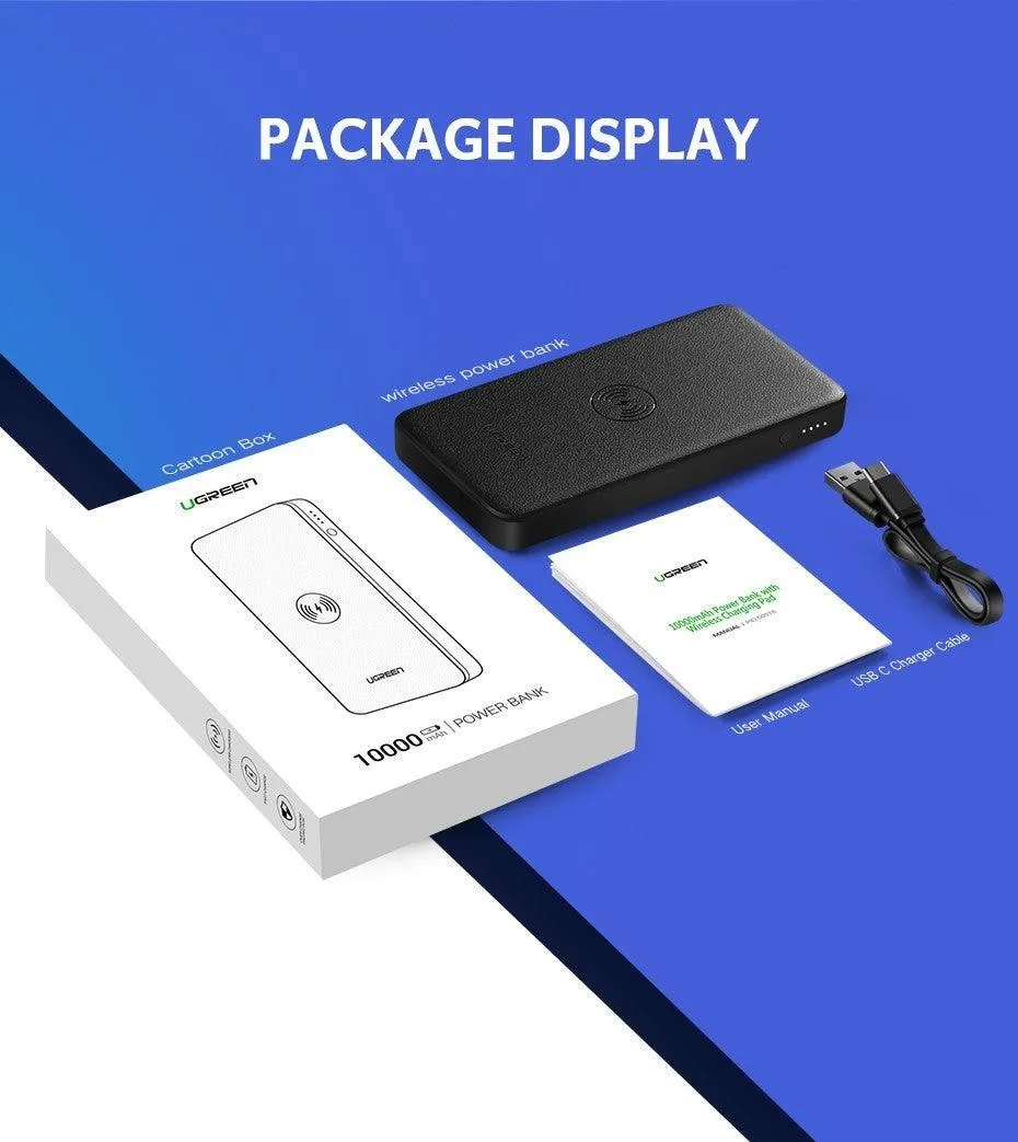 UGREEN 10000mAh Power bank with 10W QI Wireless Charging Pad - Black (50578)